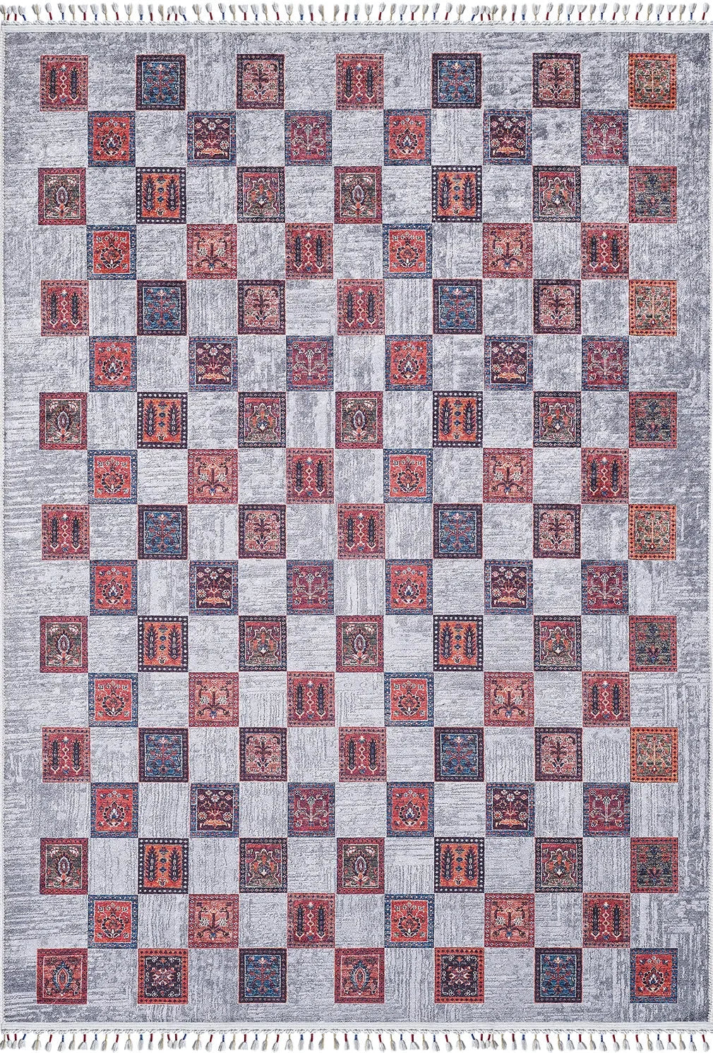 Örgü Saçaklı Çok Renkli Otantik Kareli Halı-Pera Halı