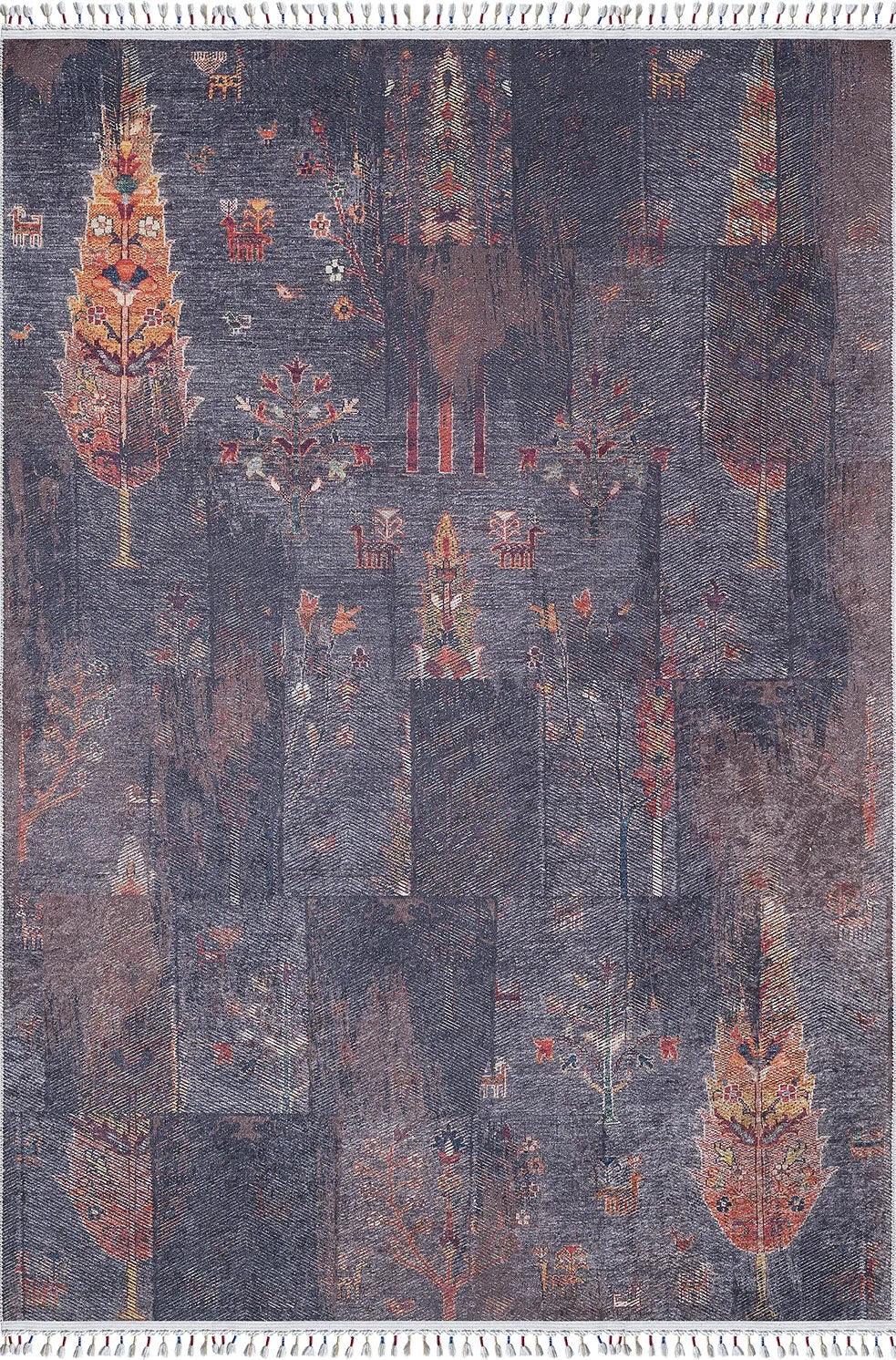 Örgü Saçaklı Eskitme Hayat Ağacı Desenli Halı-Pera Halı