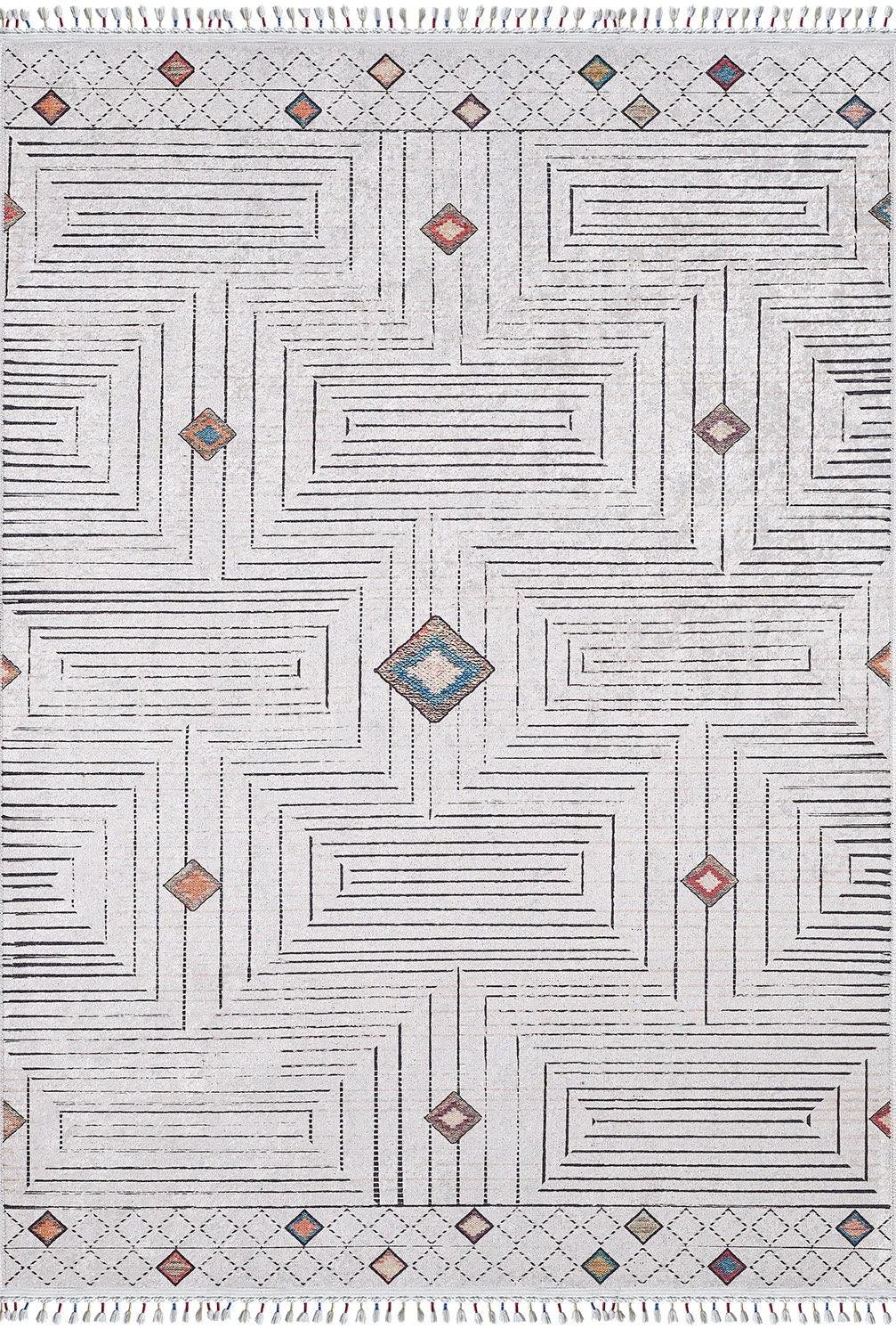 Örgü Saçaklı Gri Siyah Çizgili Geometrik Halı-Pera Halı