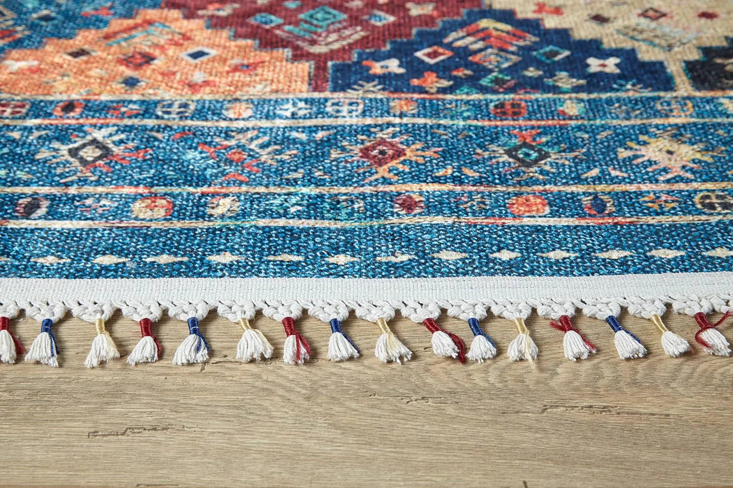 Örgü Saçaklı Mavi Etnik Şerit Desenli Halı-Pera Halı