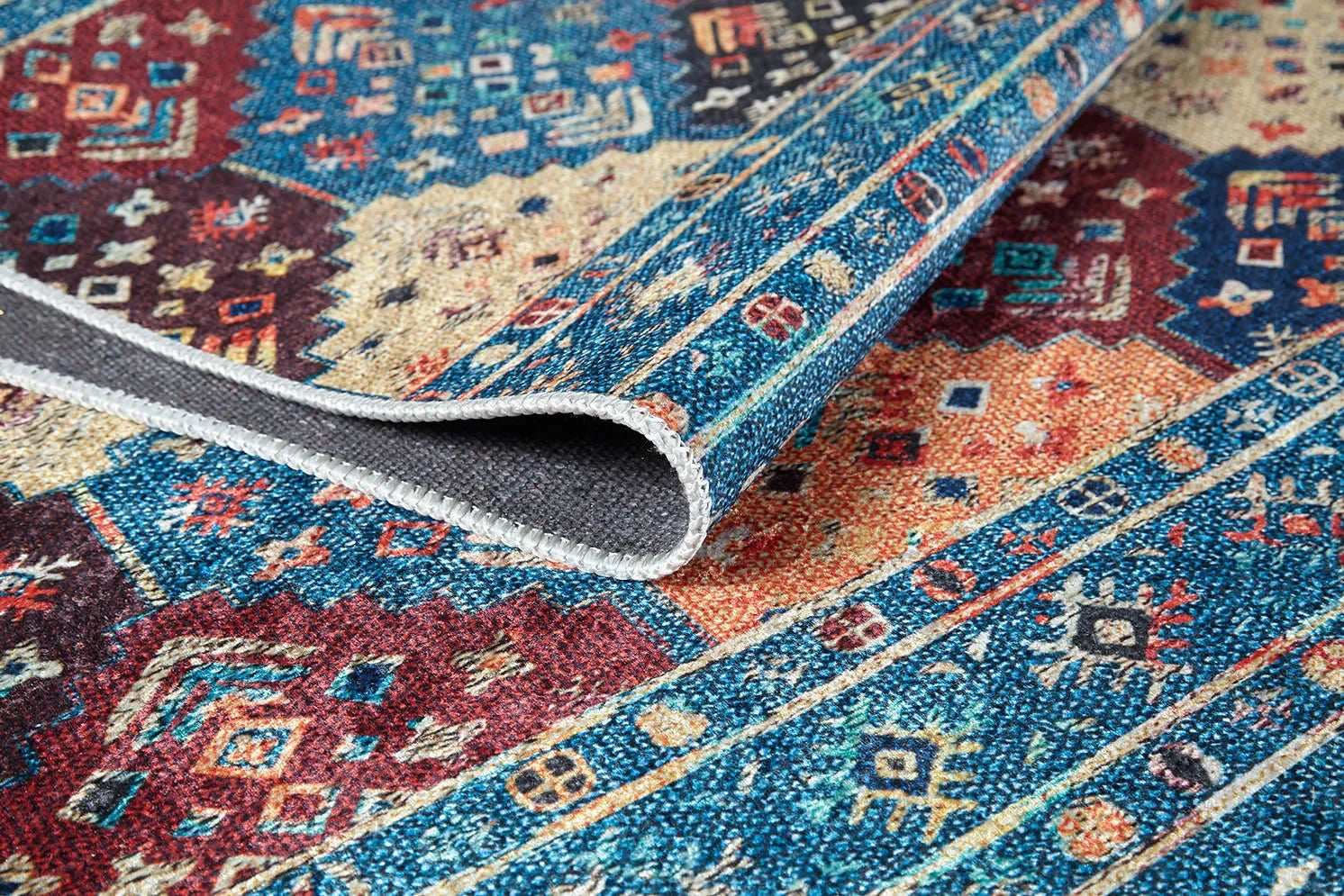 Örgü Saçaklı Mavi Etnik Şerit Desenli Halı-Pera Halı