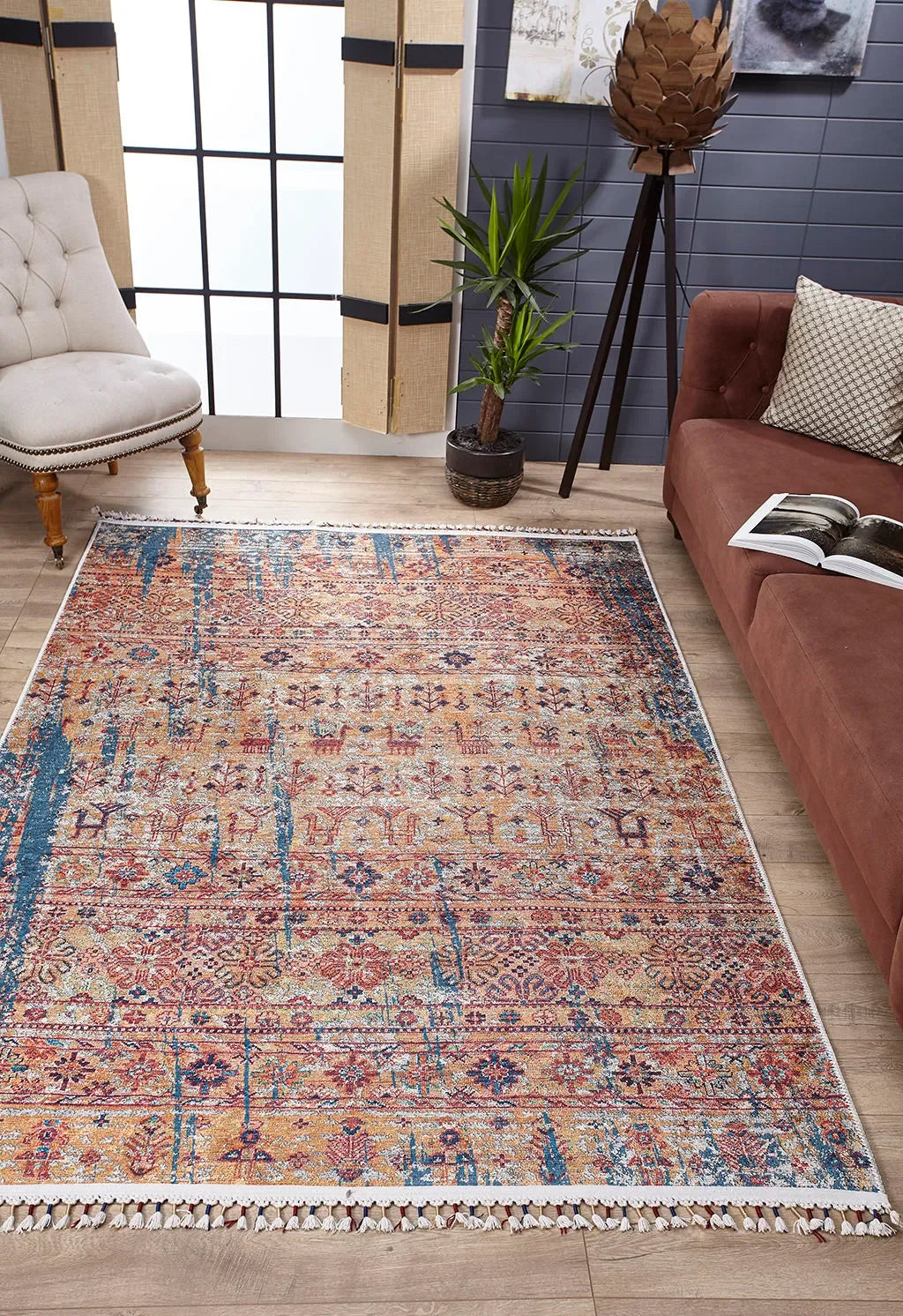 Örgü Saçaklı Turuncu Mavi Eskitme Desenli Halı-Pera Halı