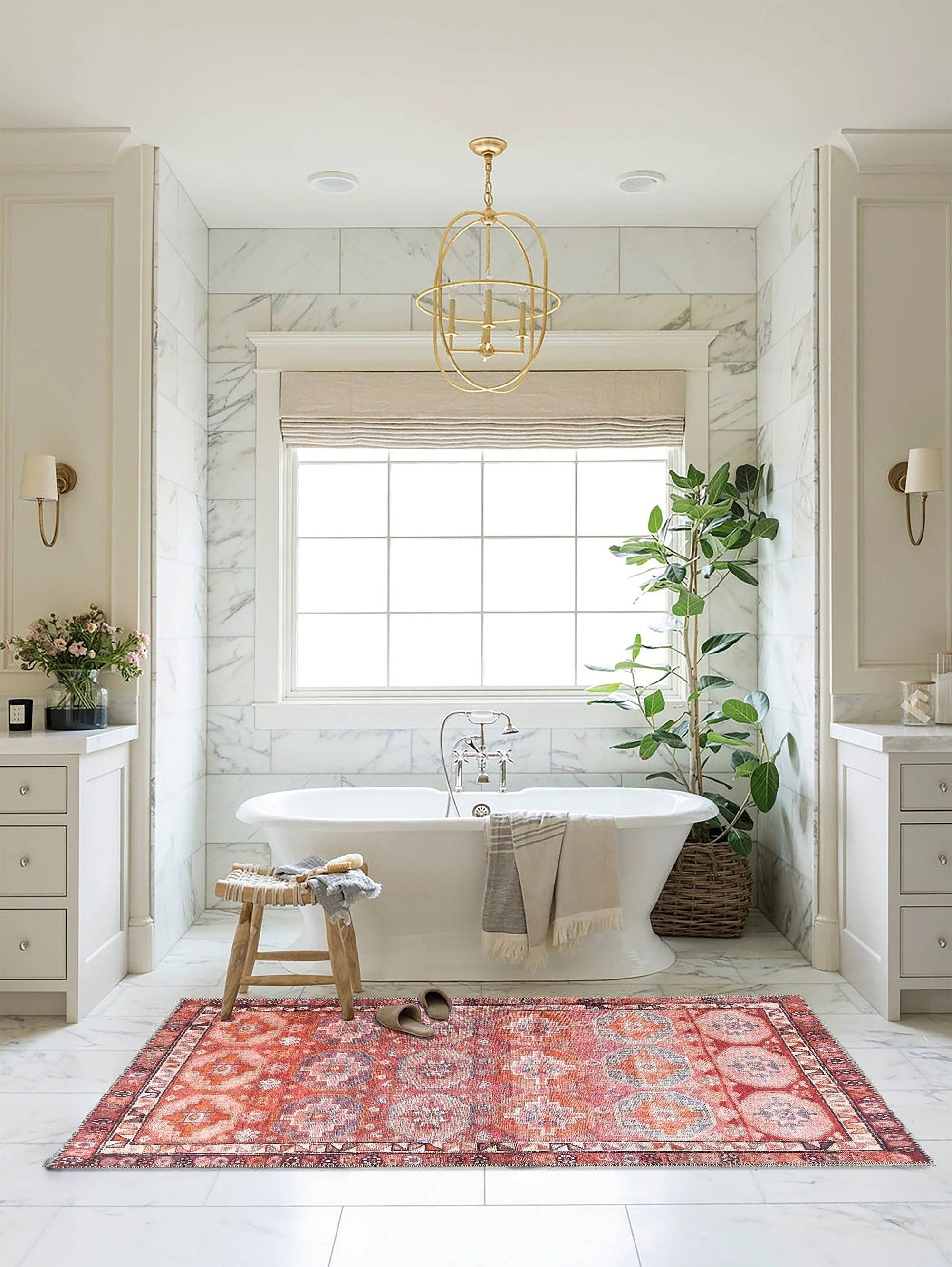 Mercan ve Pembe Geometrik Desenli Vintage Türk Halısı