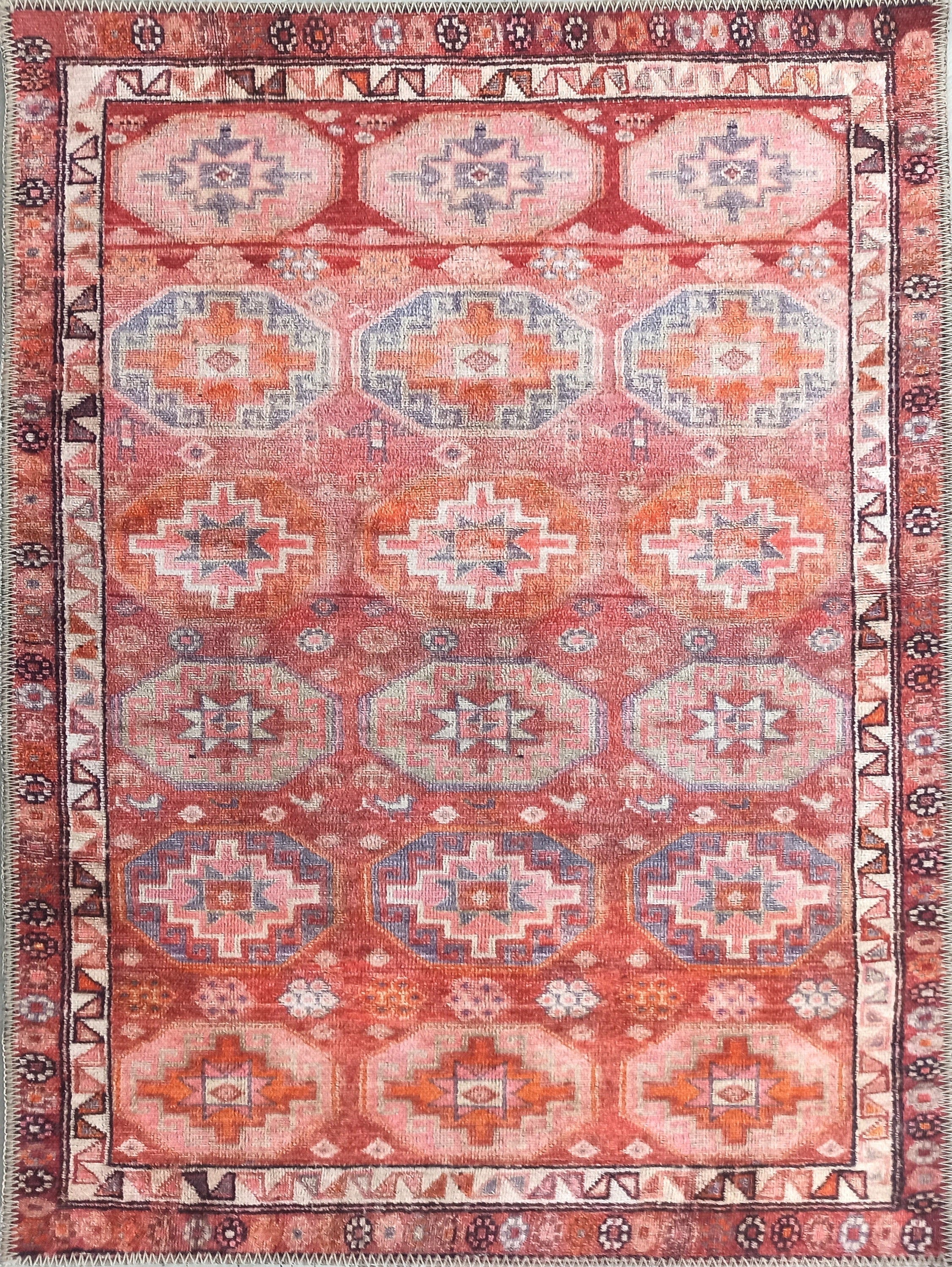 Mercan ve Pembe Geometrik Desenli Vintage Türk Halısı