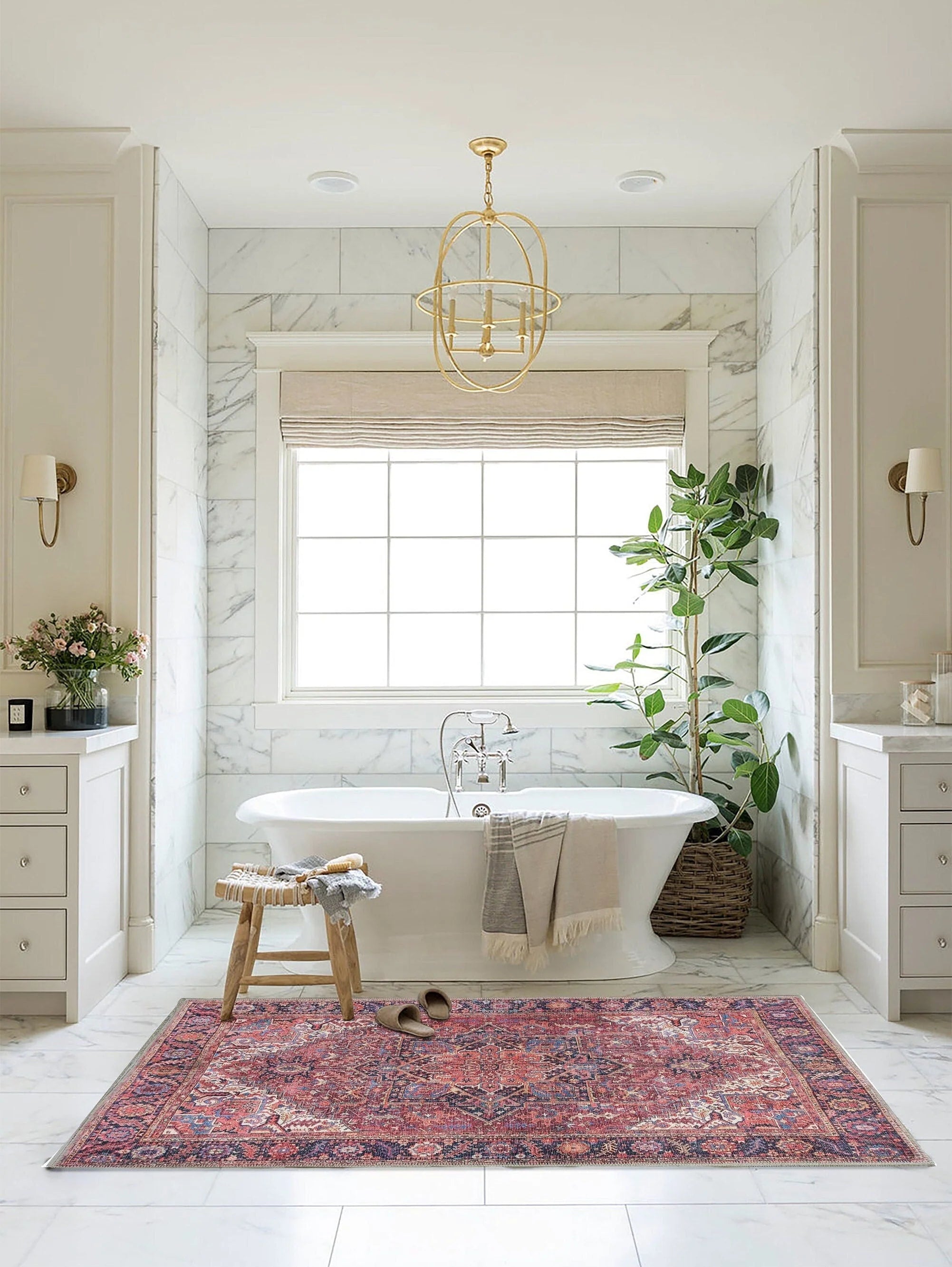 Bordo ve Terracotta Medalyonlu Vintage Halı