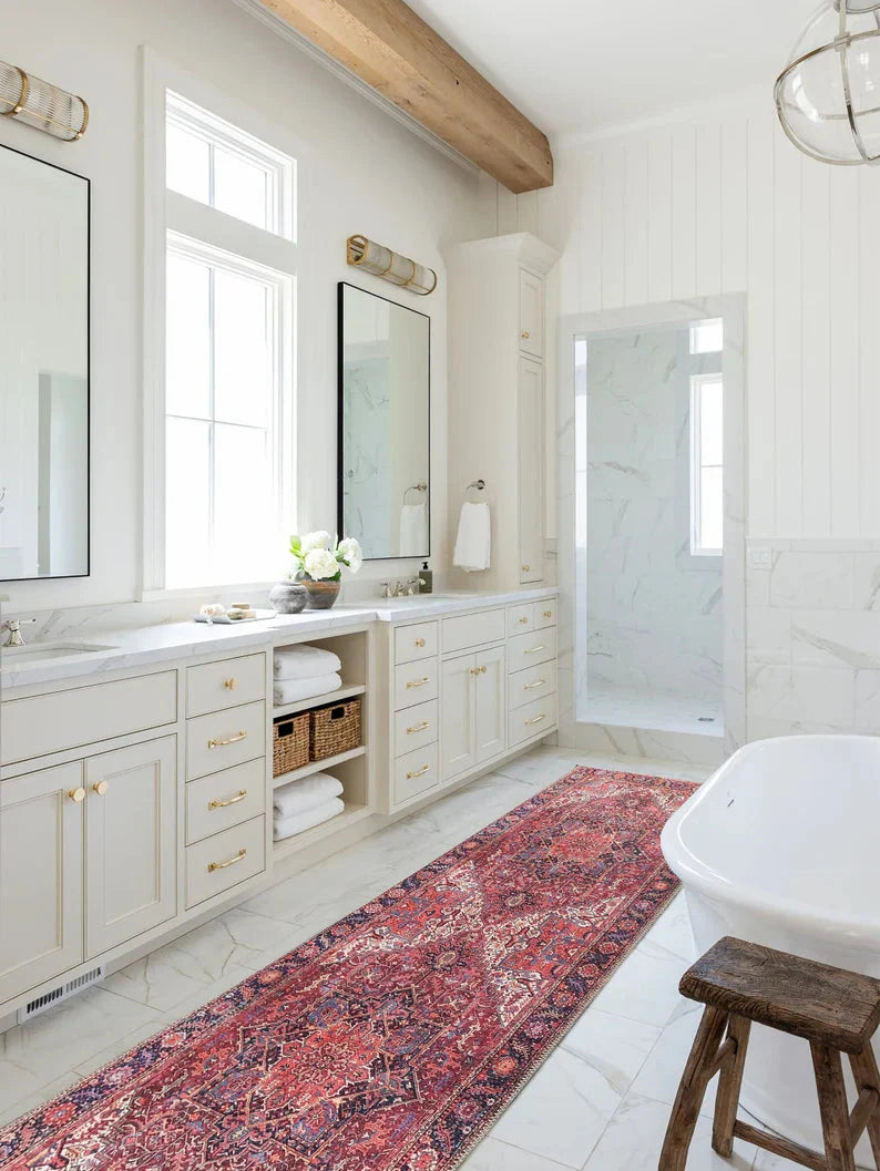 Bordo ve Terracotta Medalyonlu Vintage Halı