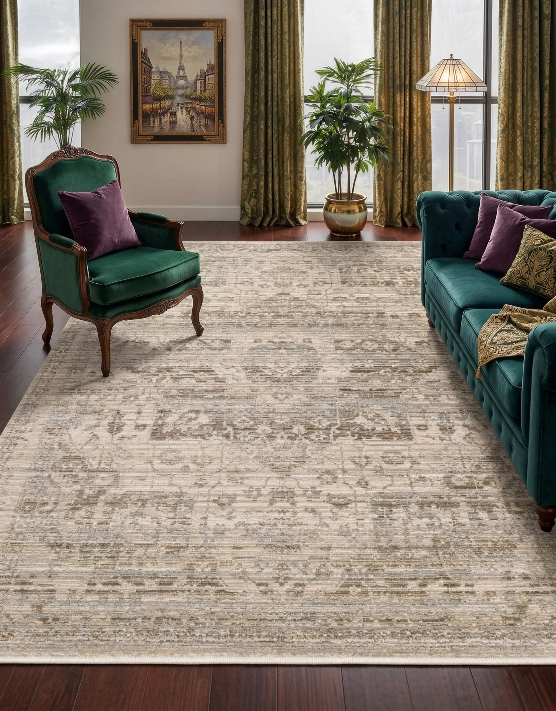 Vizon Bej Eskitme Madalyon Desenli Modern Halı - FMRT02