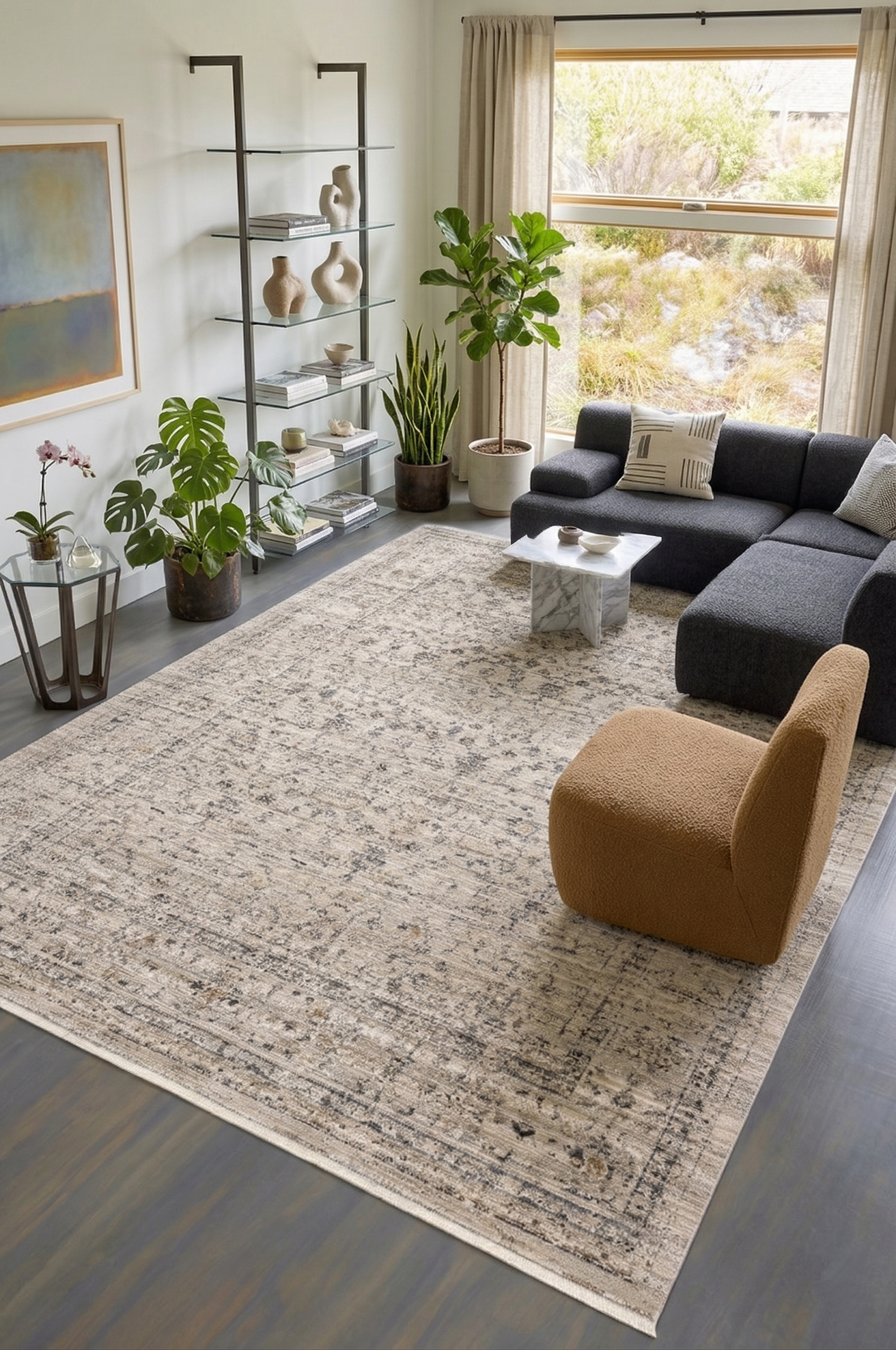 Vizon Gri Eskitme Çiçek Desenli Modern Halı - FMRT06