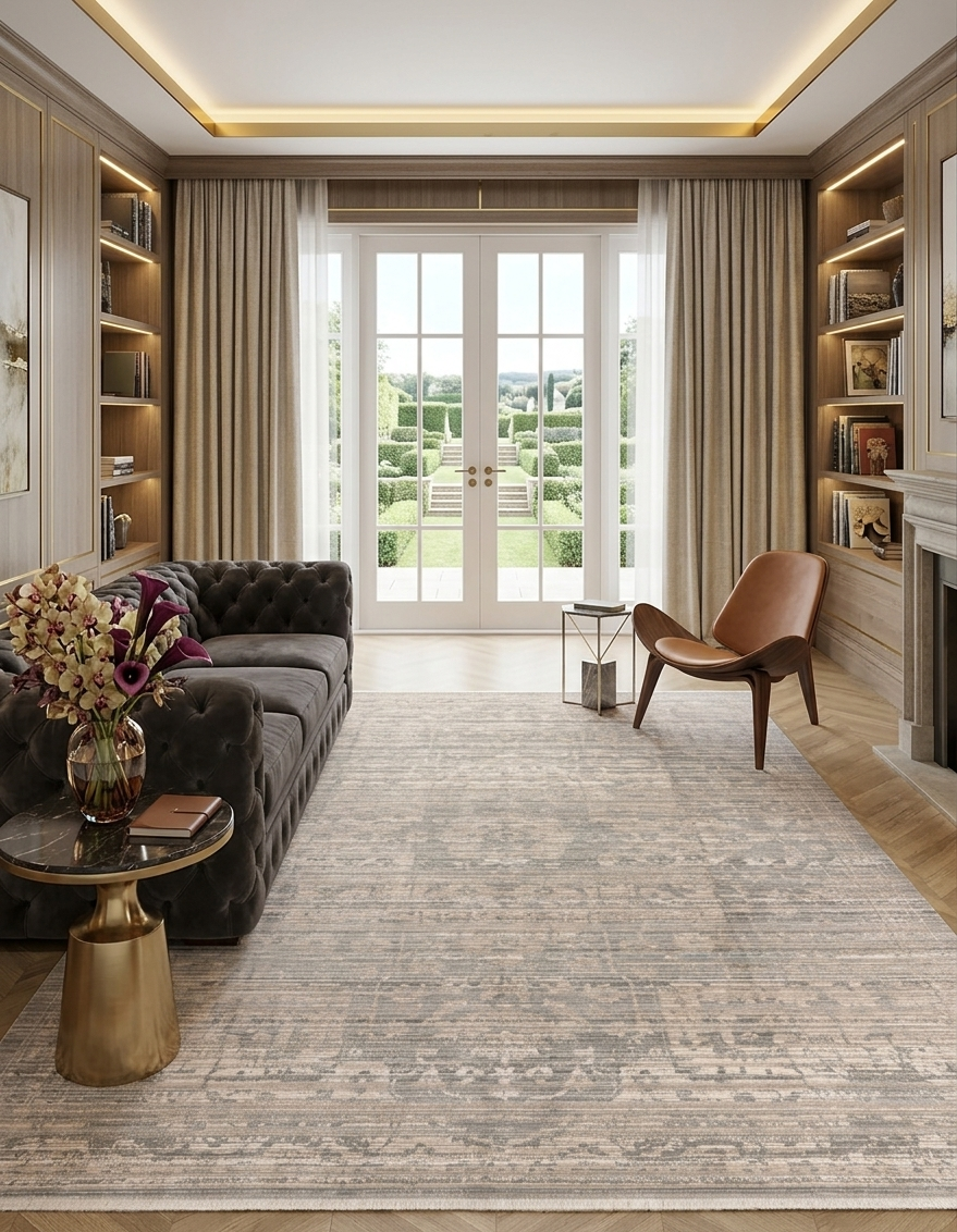 Gümüş Gri ve Bej Eskitme Desenli Modern Halı - FMRT01