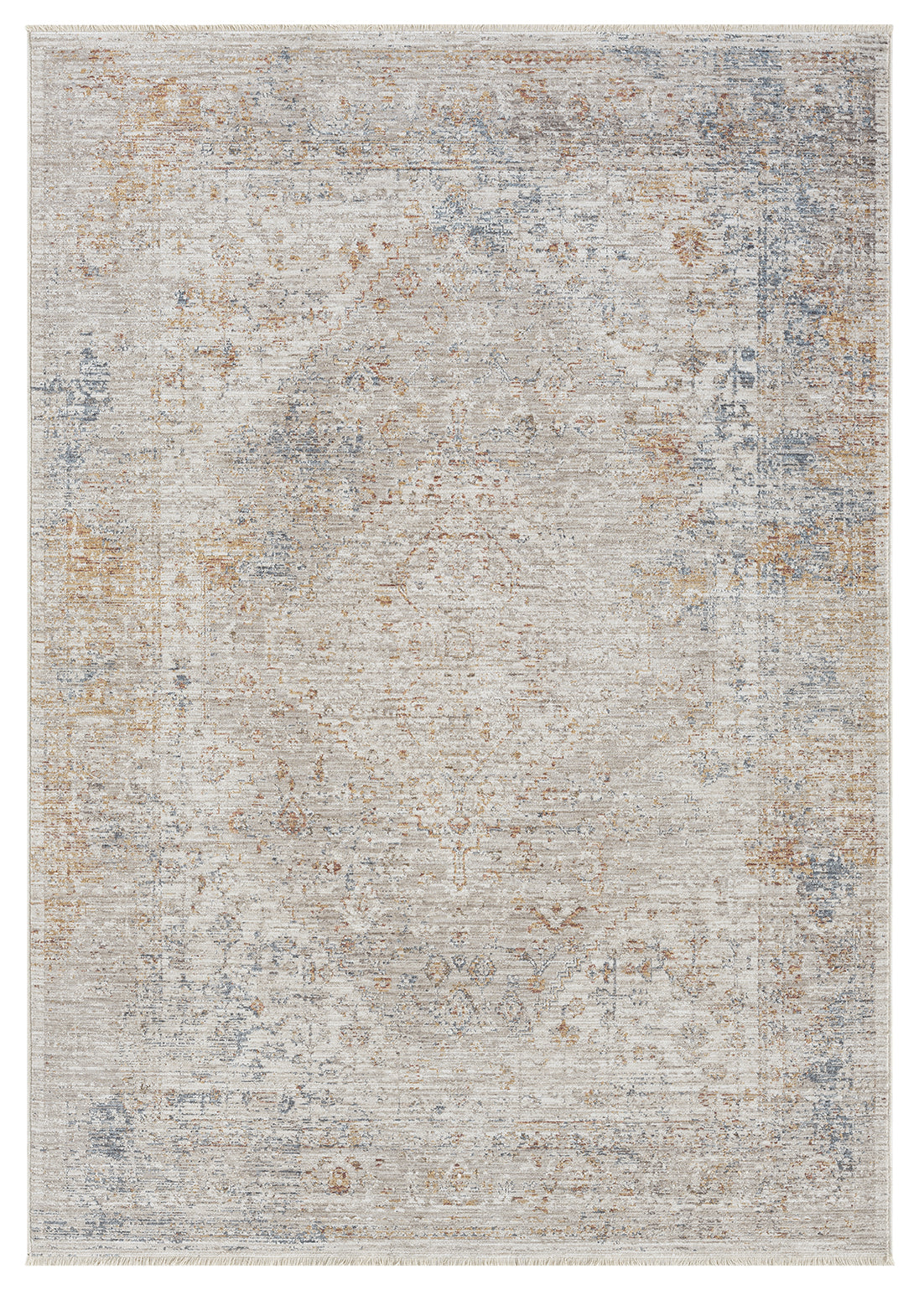 Açık Bej Gri Turuncu Detaylı Eskitme Halı