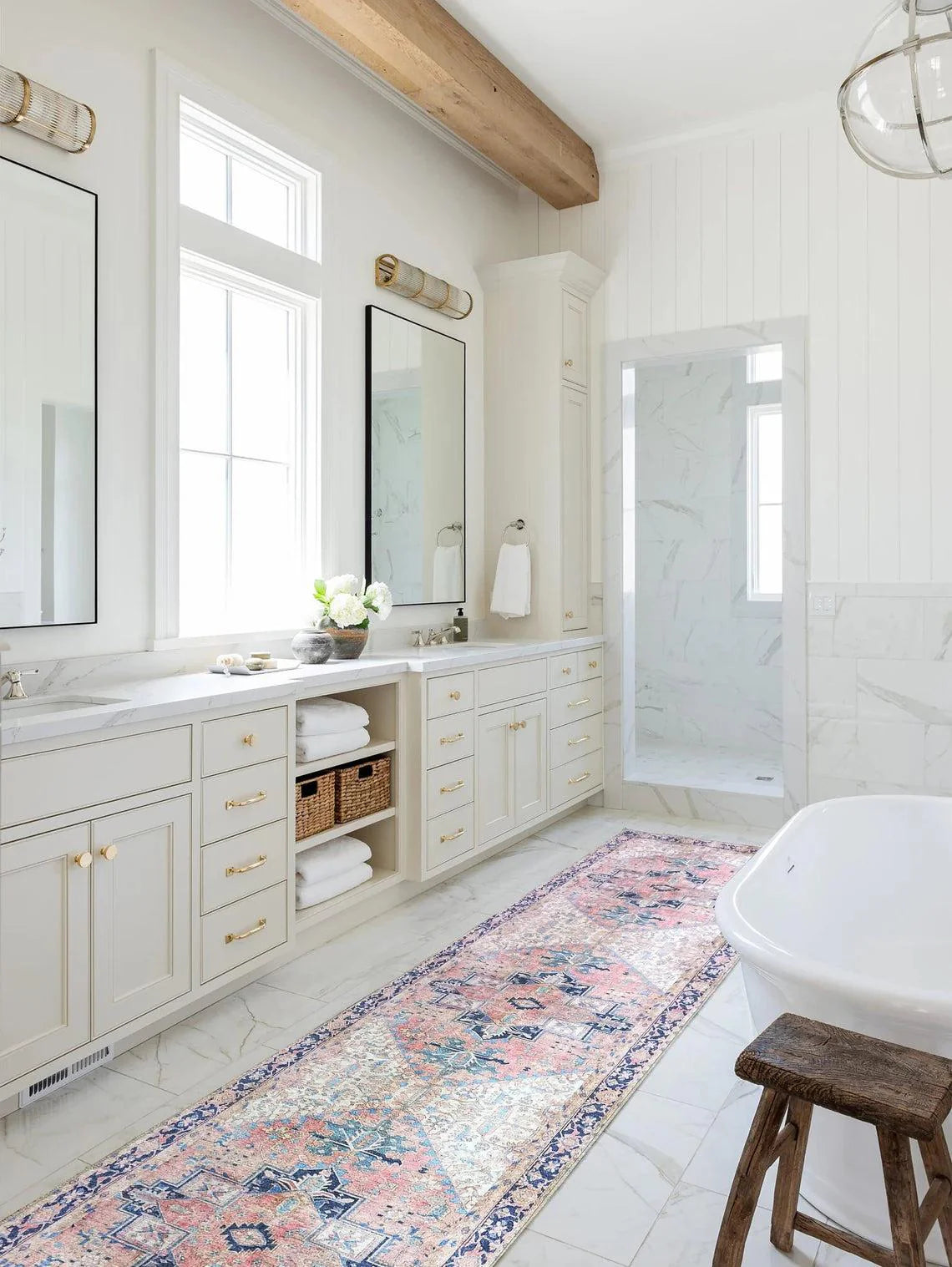 Bej ve Pudra Pembe Medalyonlu Vintage Pers Halısı