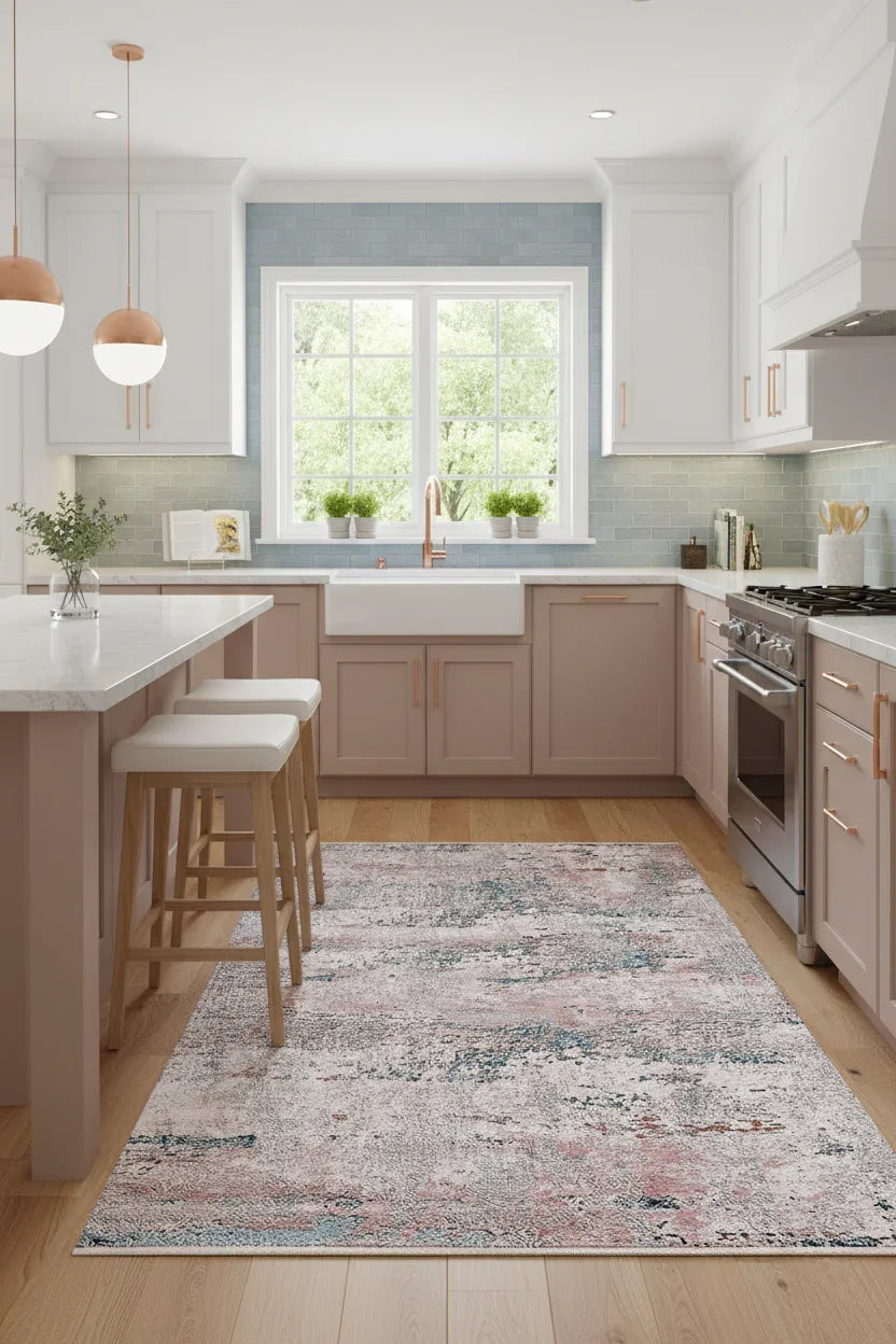 Pastel Pembe, Mavi ve Krem Modern Soyut Halı-Pera Halı