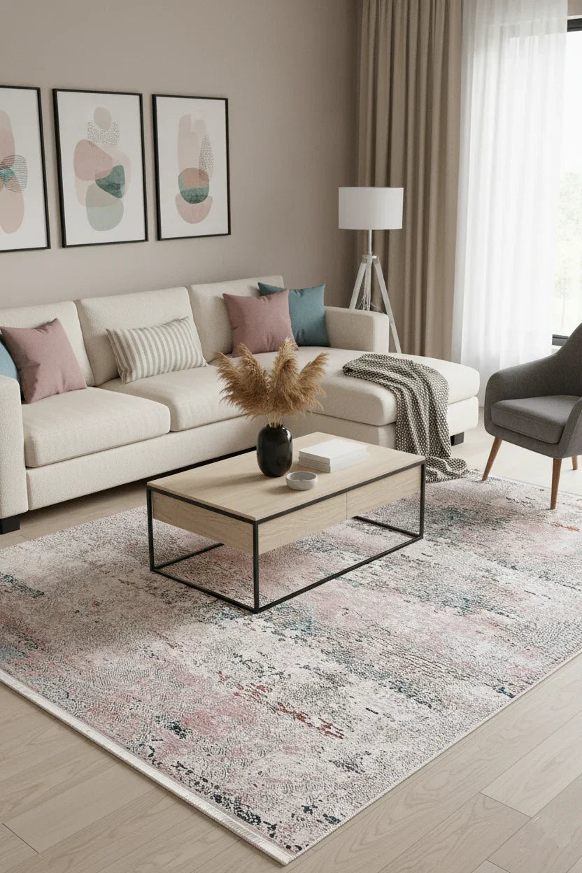 Pastel Pembe, Mavi ve Krem Modern Soyut Halı-Pera Halı