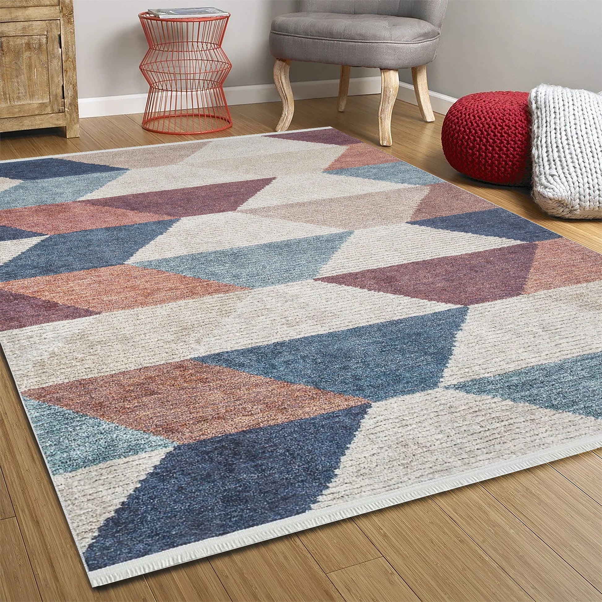 Pastel Tonlu Renkli Geometrik Desenli Kilim Halı-Pera Halı