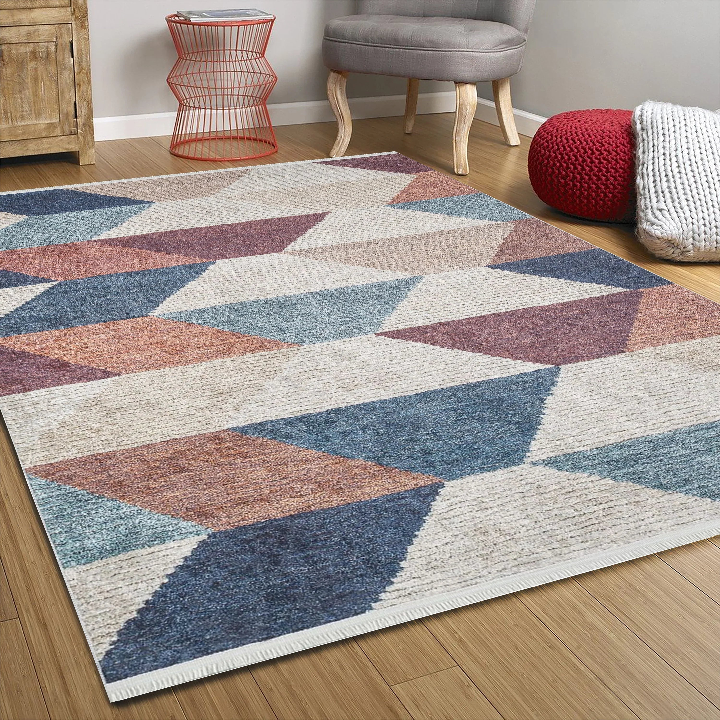 Pastel Tonlu Renkli Geometrik Desenli Kilim Halı-Pera Halı