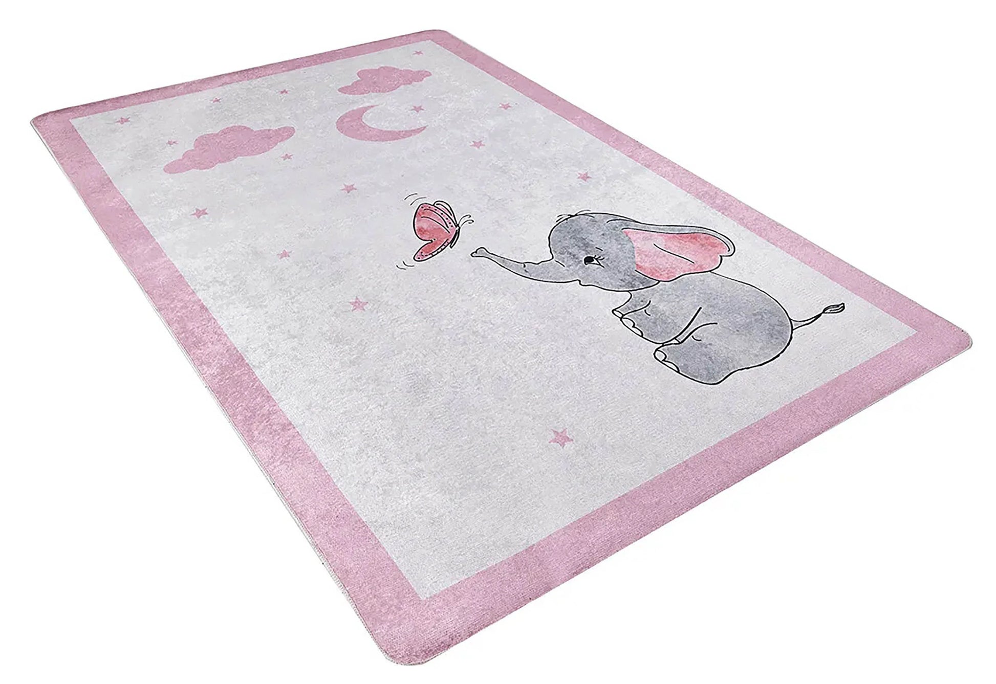 Pembe Ay ve Fil Desenli Yıkanabilir Çocuk Halısı-Pera Halı