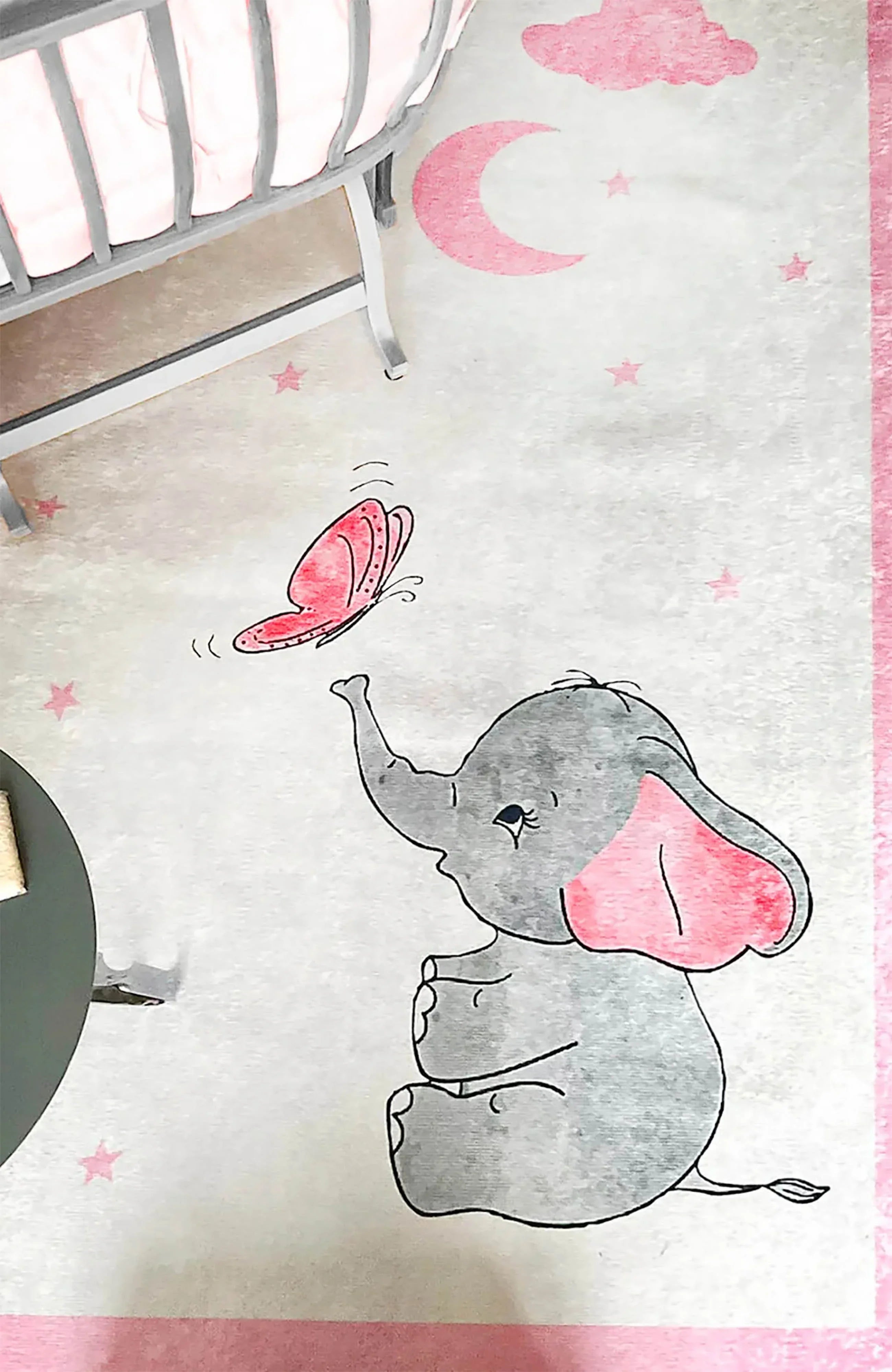 Pembe Ay ve Fil Desenli Yıkanabilir Çocuk Halısı-Pera Halı