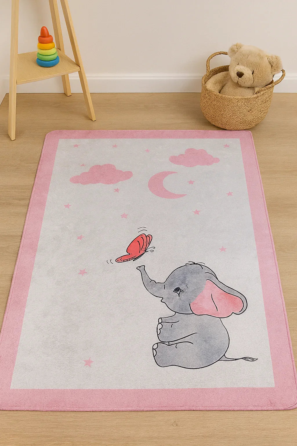 Pembe Ay ve Fil Desenli Yıkanabilir Çocuk Halısı-Pera Halı