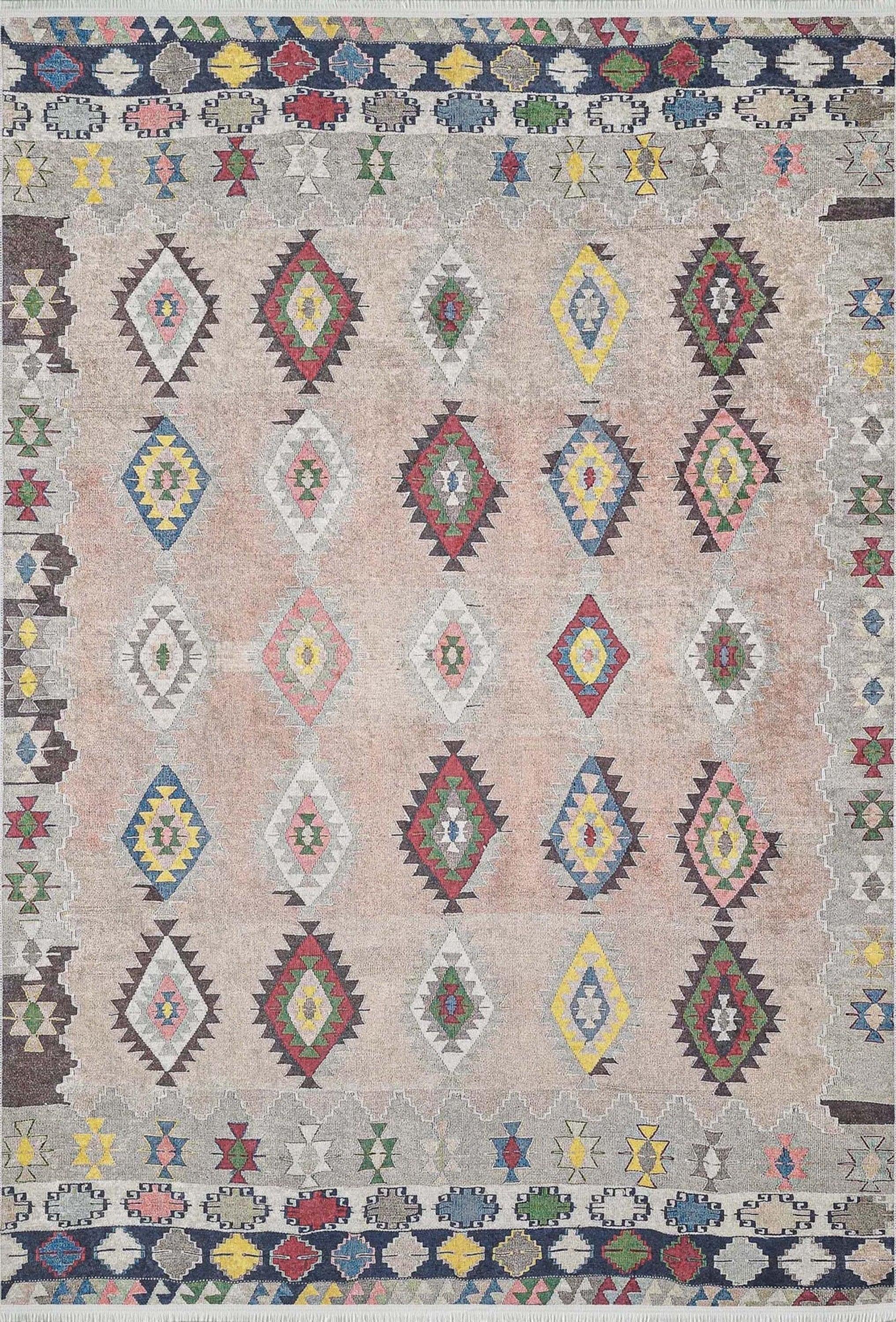 Pembe Bej Geometrik Desenli Anadolu Kilim Halı-Pera Halı