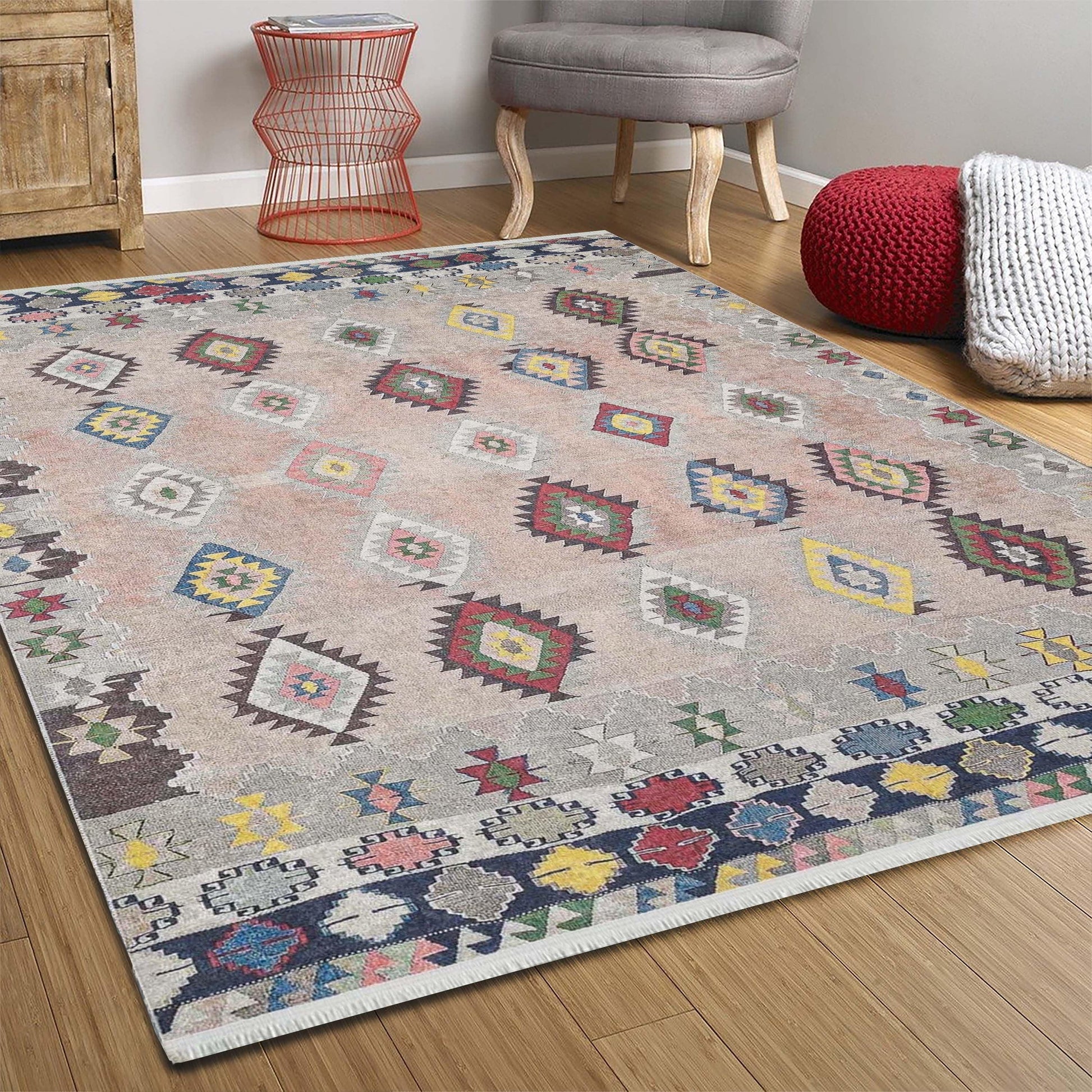 Pembe Bej Geometrik Desenli Anadolu Kilim Halı-Pera Halı