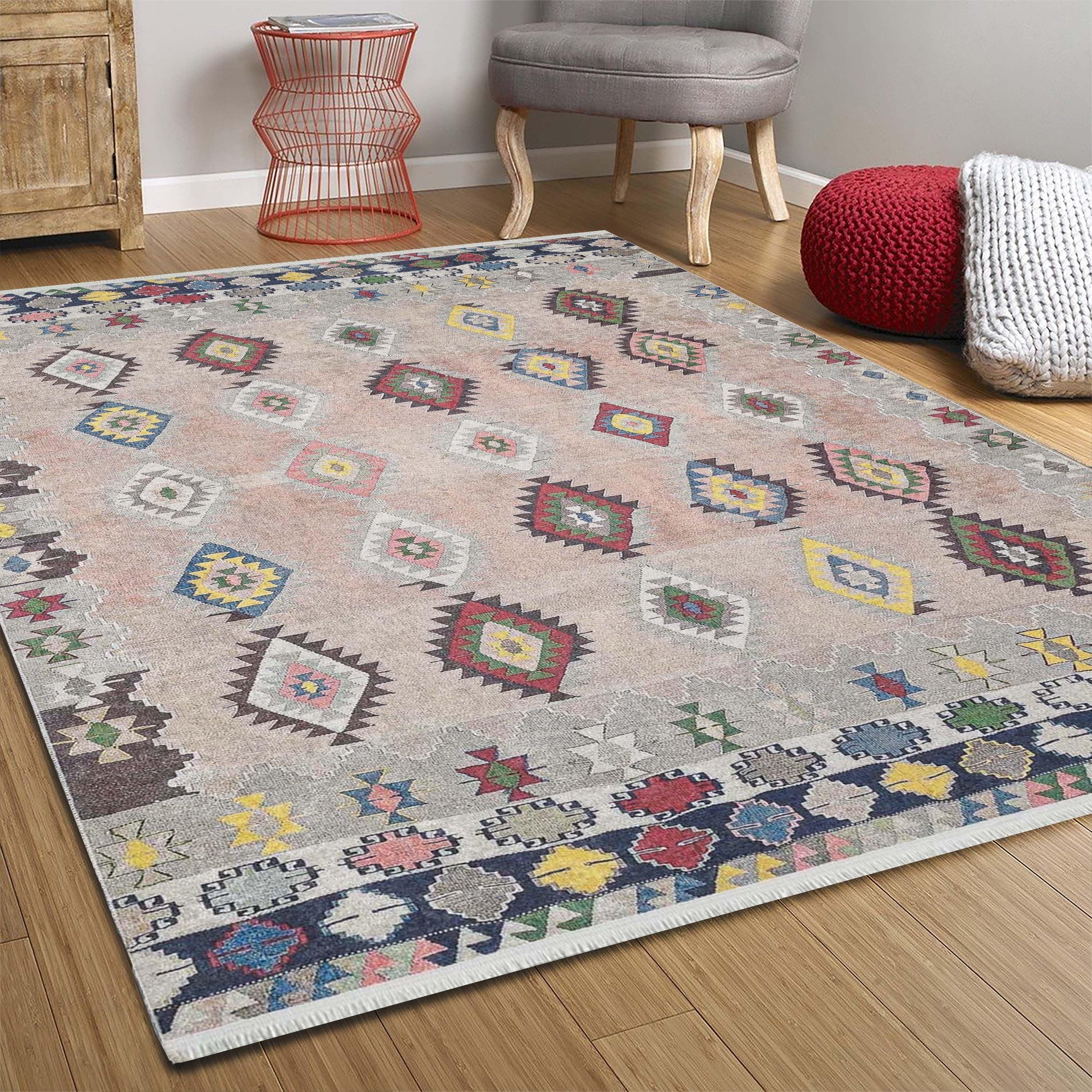 Pembe Bej Geometrik Desenli Anadolu Kilim Halı-Pera Halı