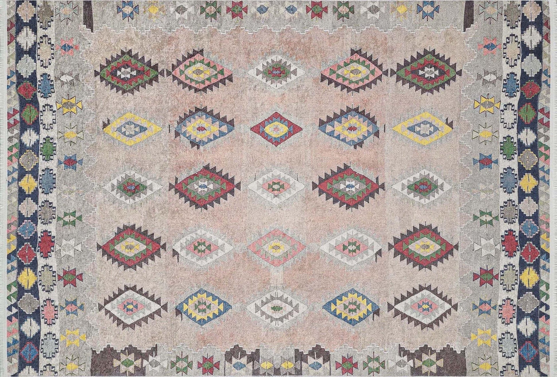 Pembe Bej Geometrik Desenli Anadolu Kilim Halı-Pera Halı