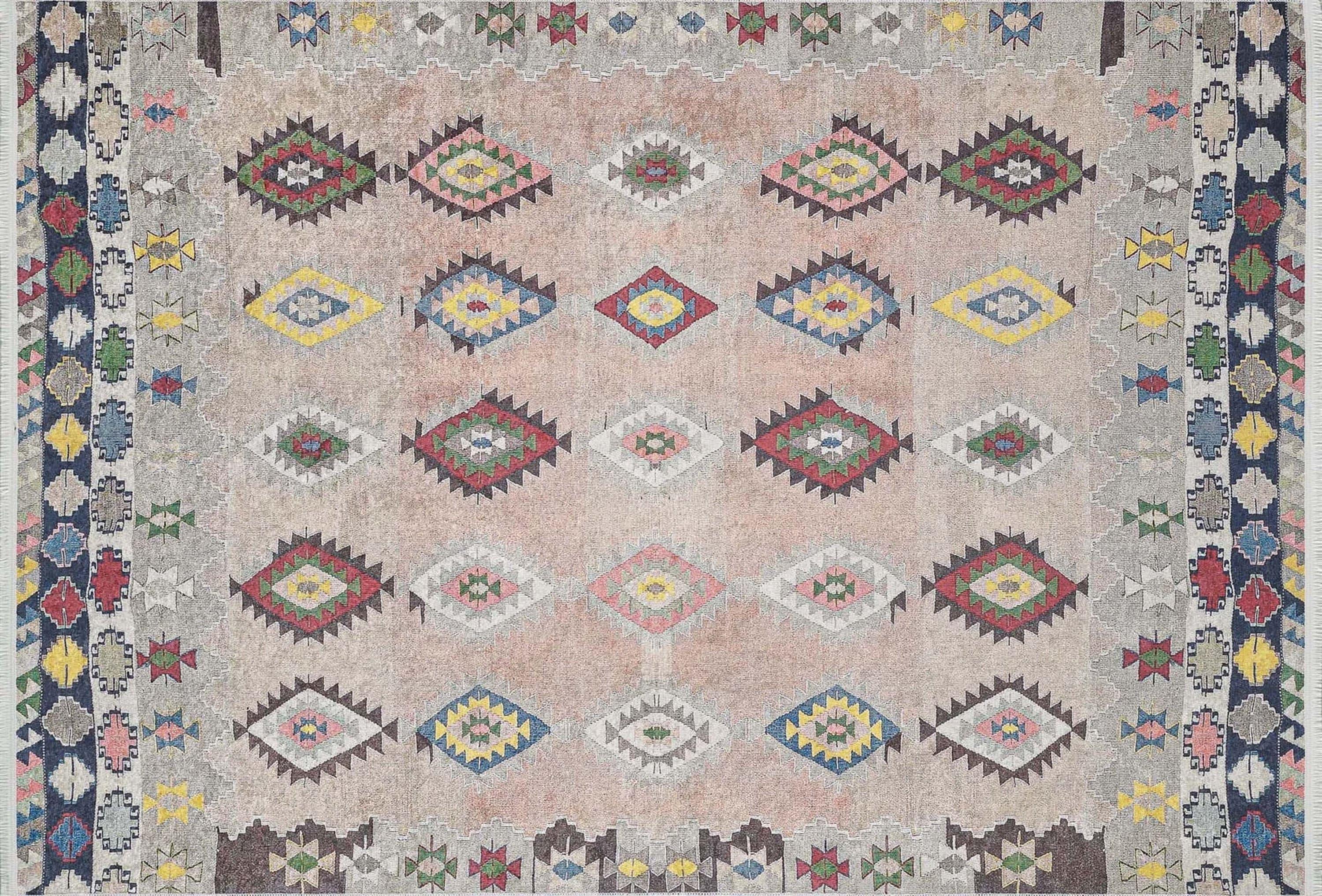 Pembe Bej Geometrik Desenli Anadolu Kilim Halı-Pera Halı