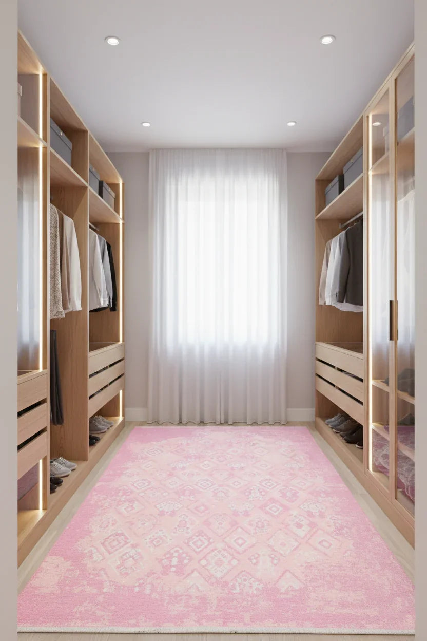 Pembe Çift Taraflı Modern Vintage Yıkanabilir Antibakteriyel Halı-Pera Halı