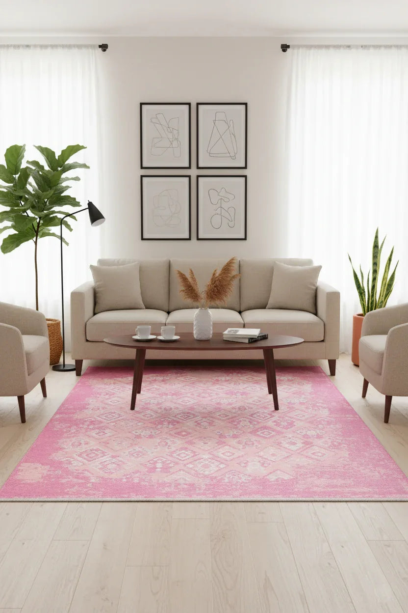 Pembe Çift Taraflı Modern Vintage Yıkanabilir Antibakteriyel Halı-Pera Halı