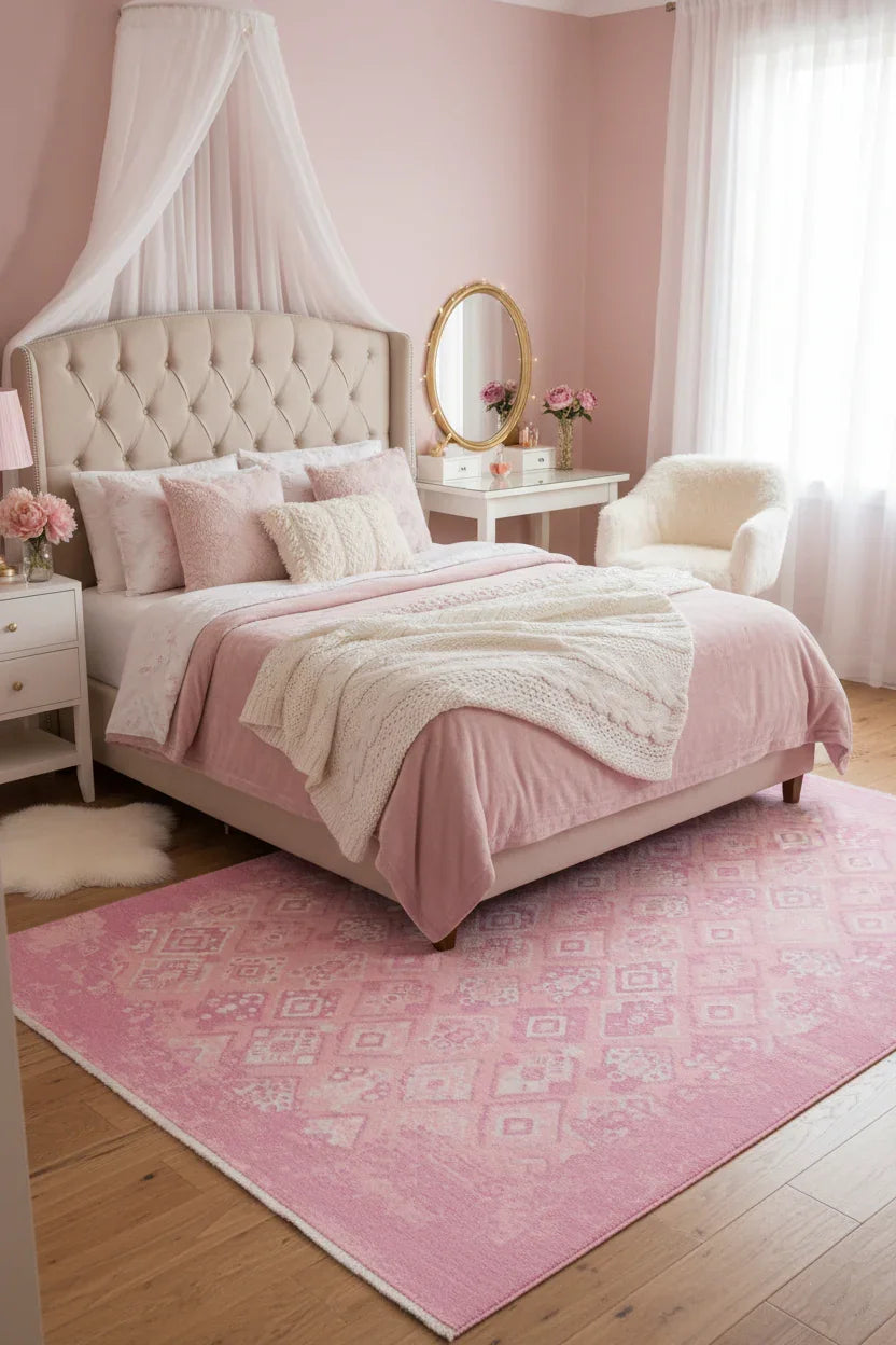 Pembe Çift Taraflı Modern Vintage Yıkanabilir Antibakteriyel Halı-Pera Halı