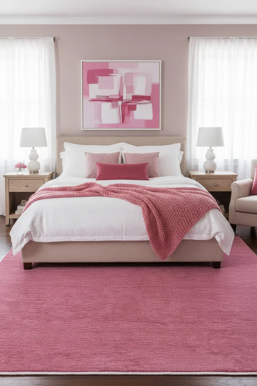 Pembe Düz Modern Yıkanabilir Antibakteriyel Halı-Pera Halı