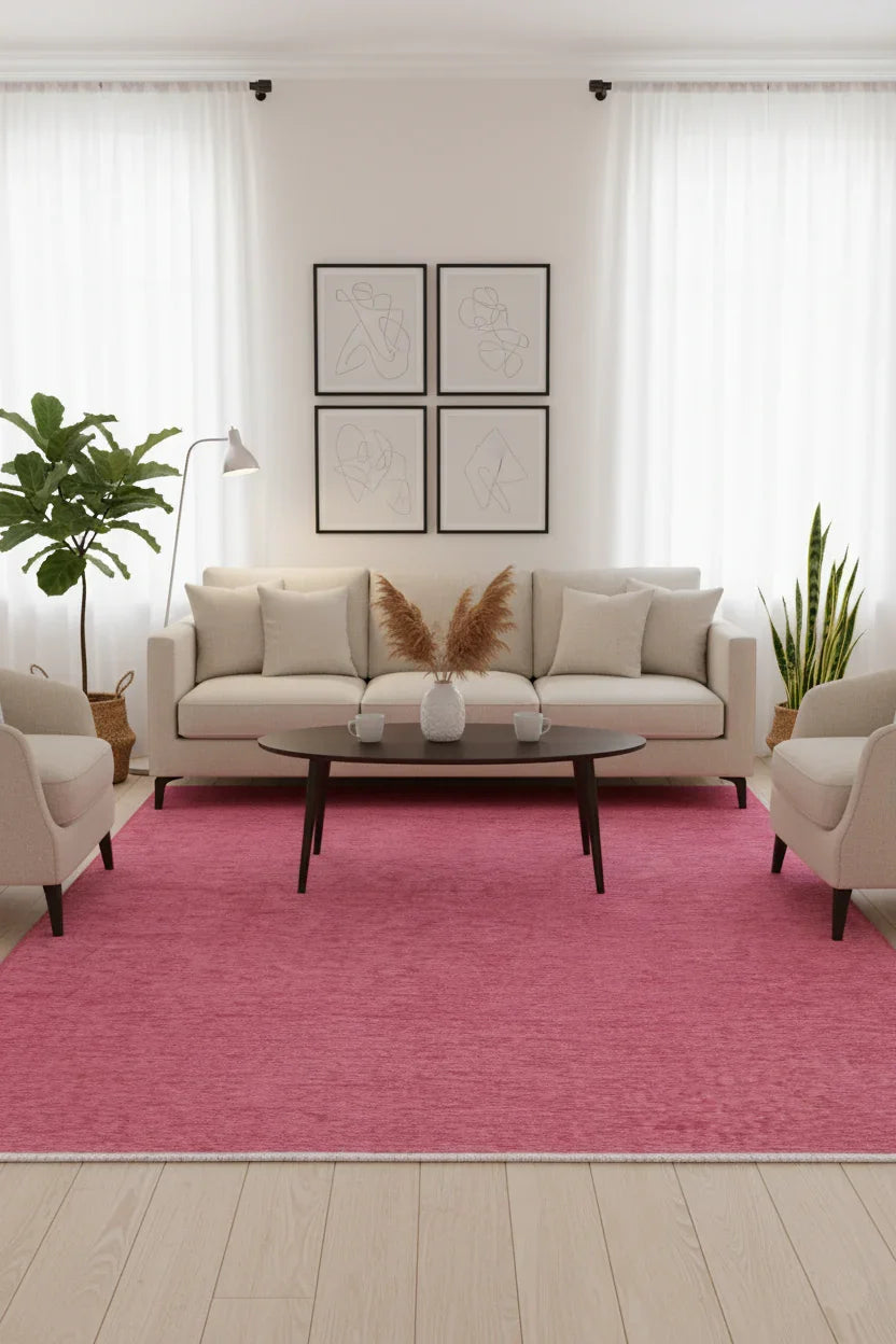Pembe Düz Modern Yıkanabilir Antibakteriyel Halı-Pera Halı