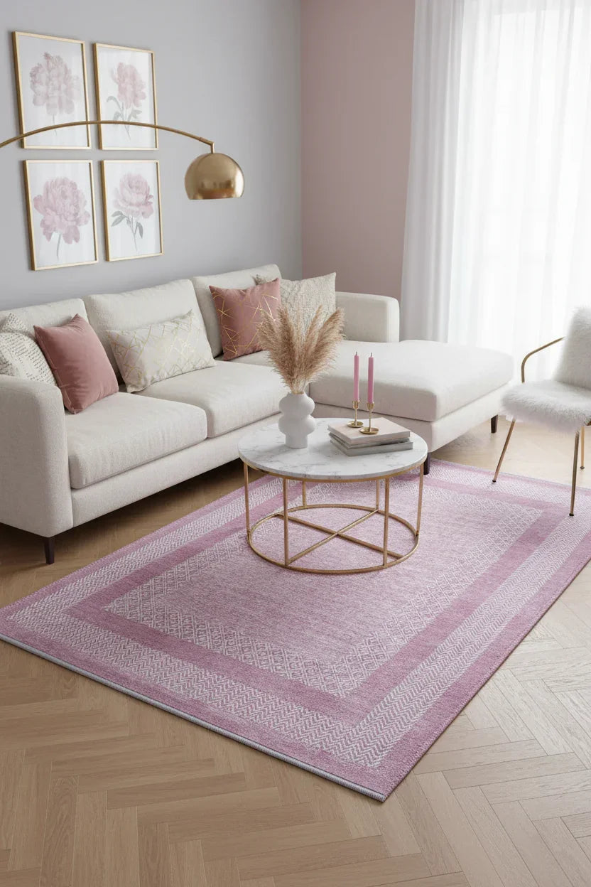 Pembe Modern Yıkanabilir Antibakteriyel Salon Halısı-Pera Halı