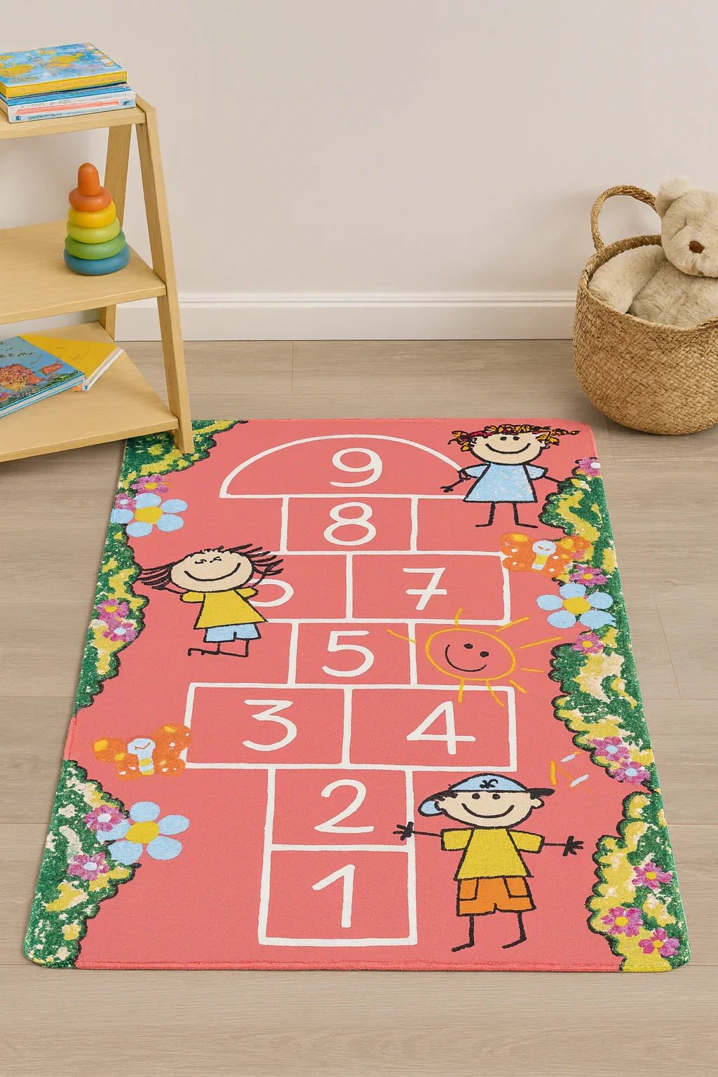 Pembe Seksek Desenli Çizgi Karakterli Yıkanabilir Çocuk Halısı-Pera Halı