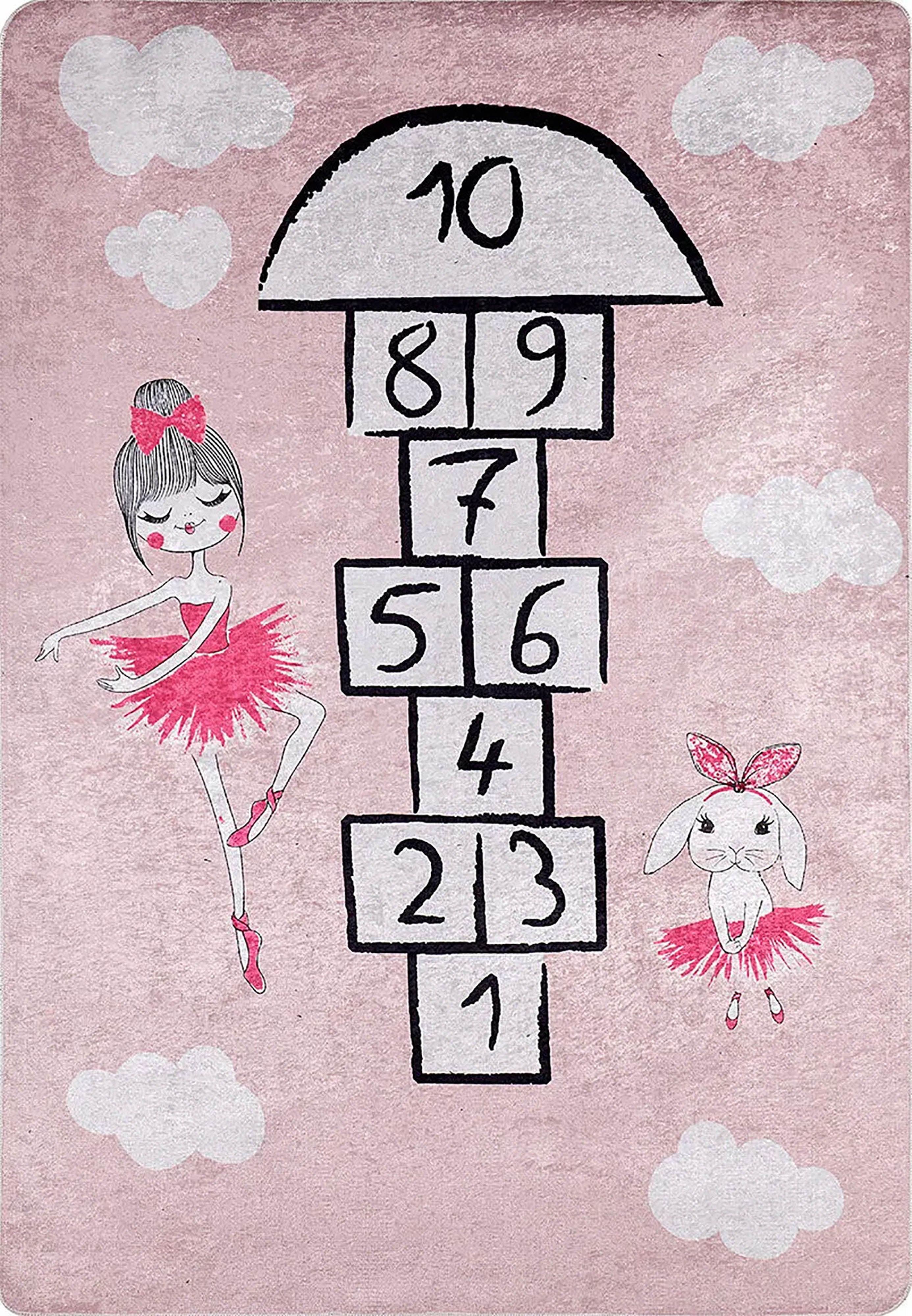 Pembe Seksek ve Balerin Desenli Yıkanabilir Çocuk Halısı-Pera Halı