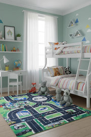 Polis Temalı Yol ve Şehir Desenli Yıkanabilir Çocuk Halısı-Pera Halı