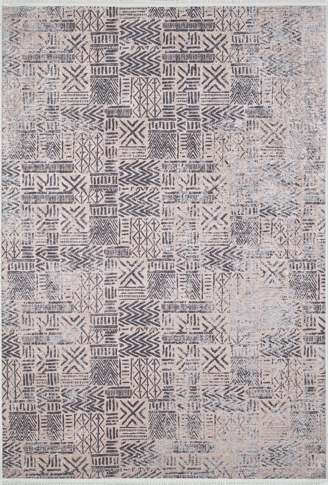 Pudra Gri Siyah Geometrik Desenli Halı-Pera Halı