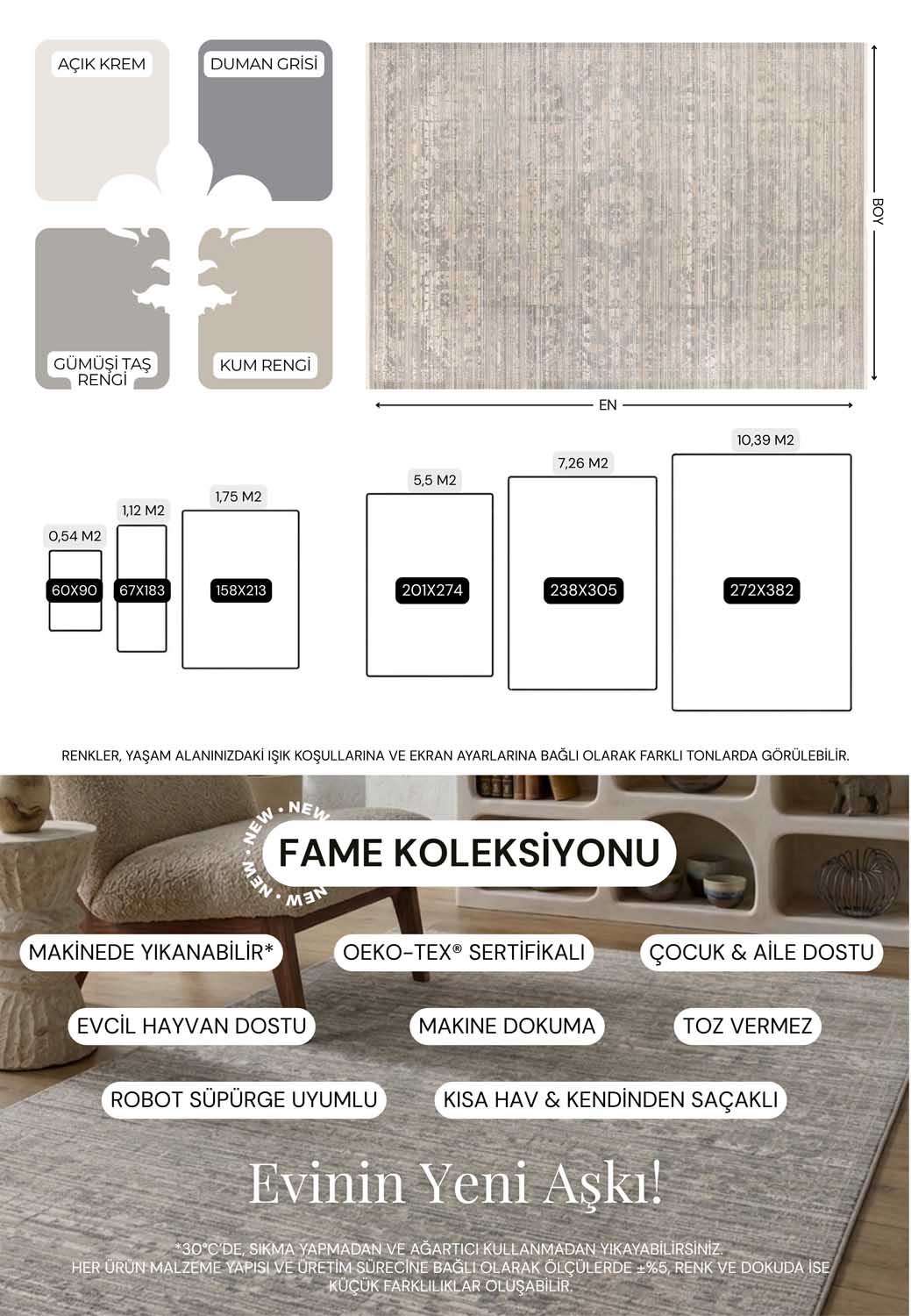 Gümüş Gri ve Bej Eskitme Desenli Modern Halı - FMRT01