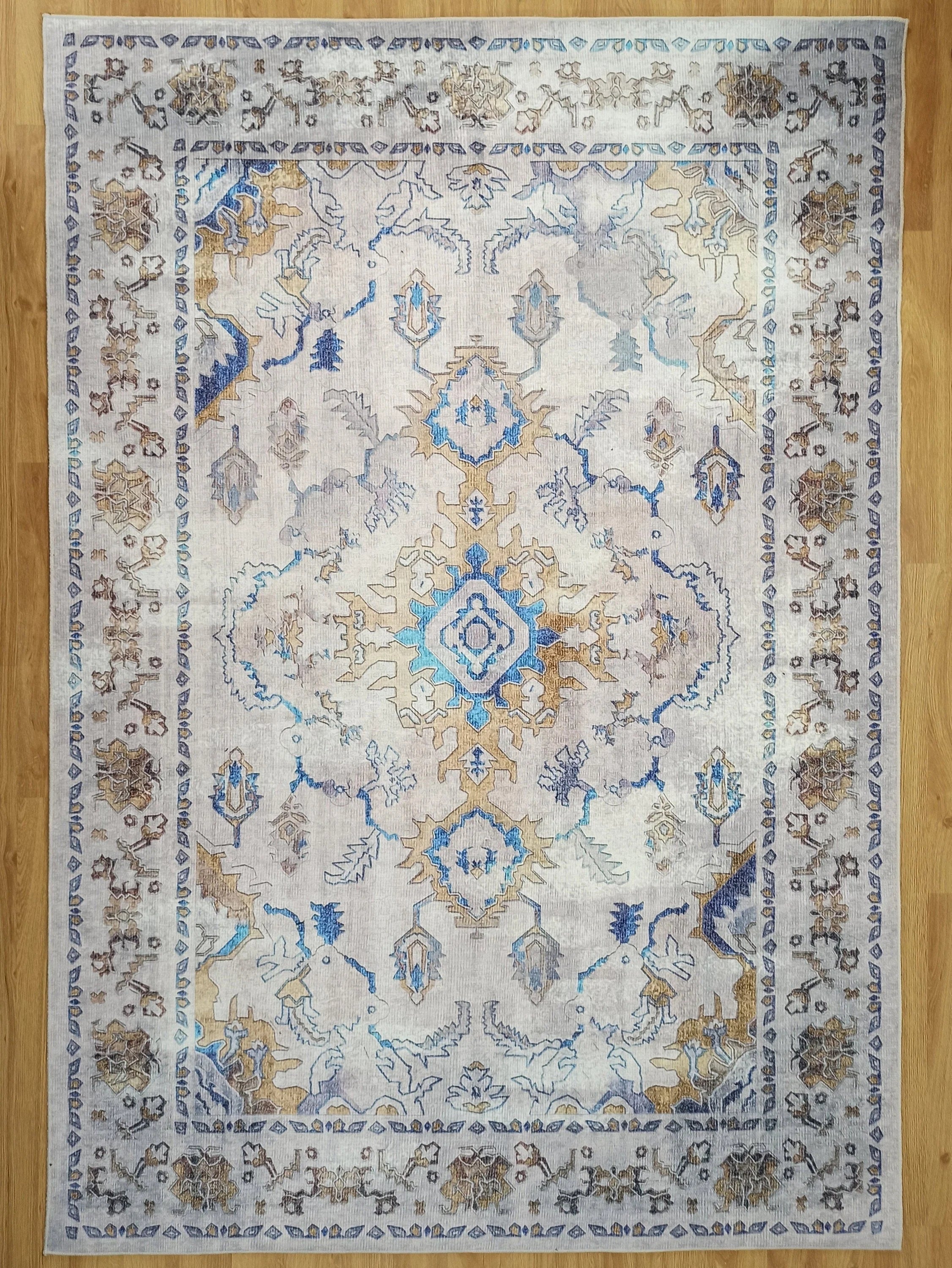 Bej ve Mavi Eskitme Desenli Vintage Halı