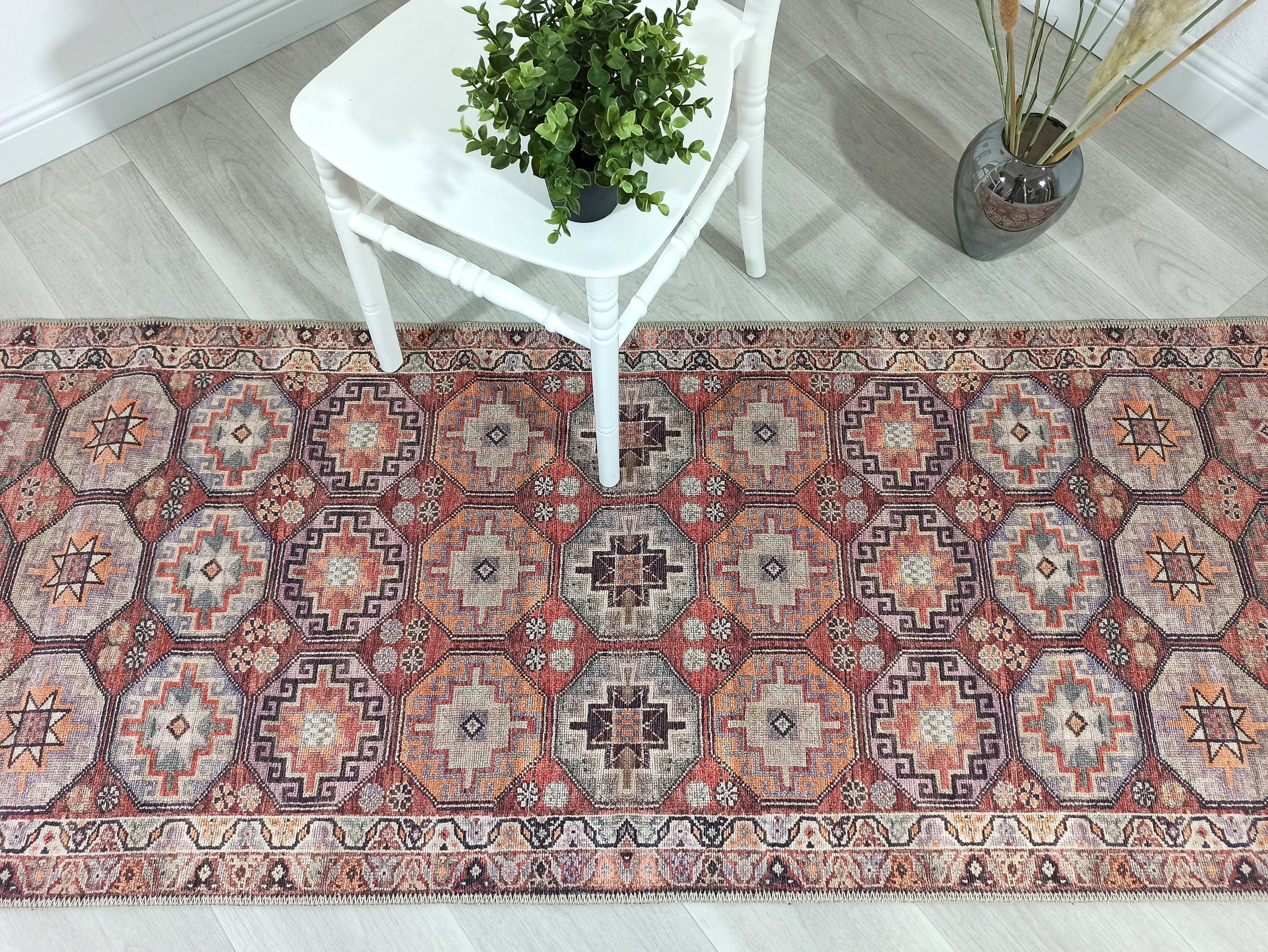 Vintage Carpet with Tile and Geometric Patterns