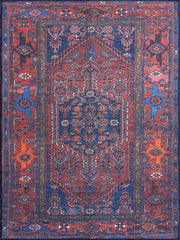 Vintage-Teppich mit braunen, orangen und marineblauen Motiven