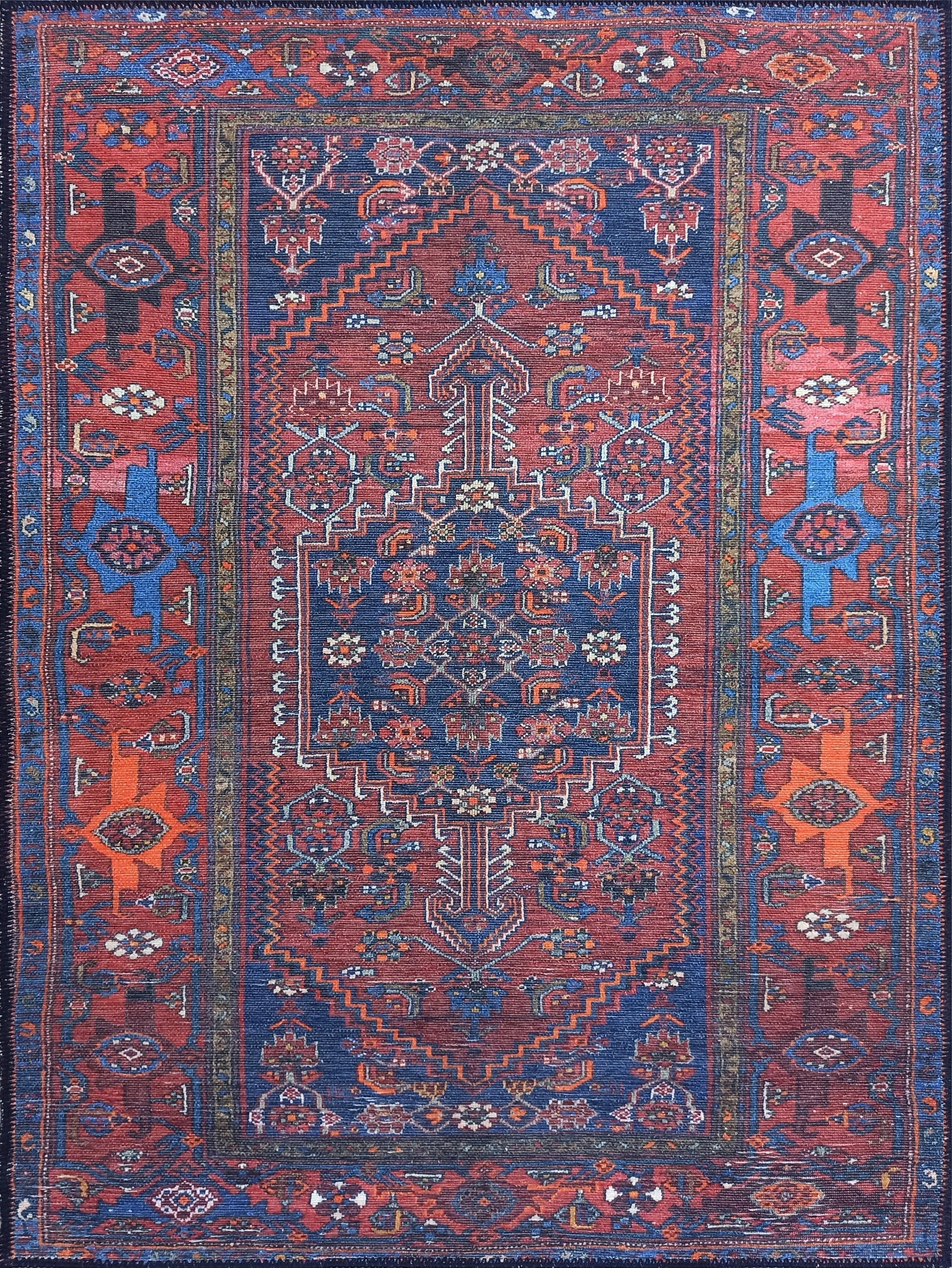 Vintage-Teppich mit braunen, orangen und marineblauen Motiven