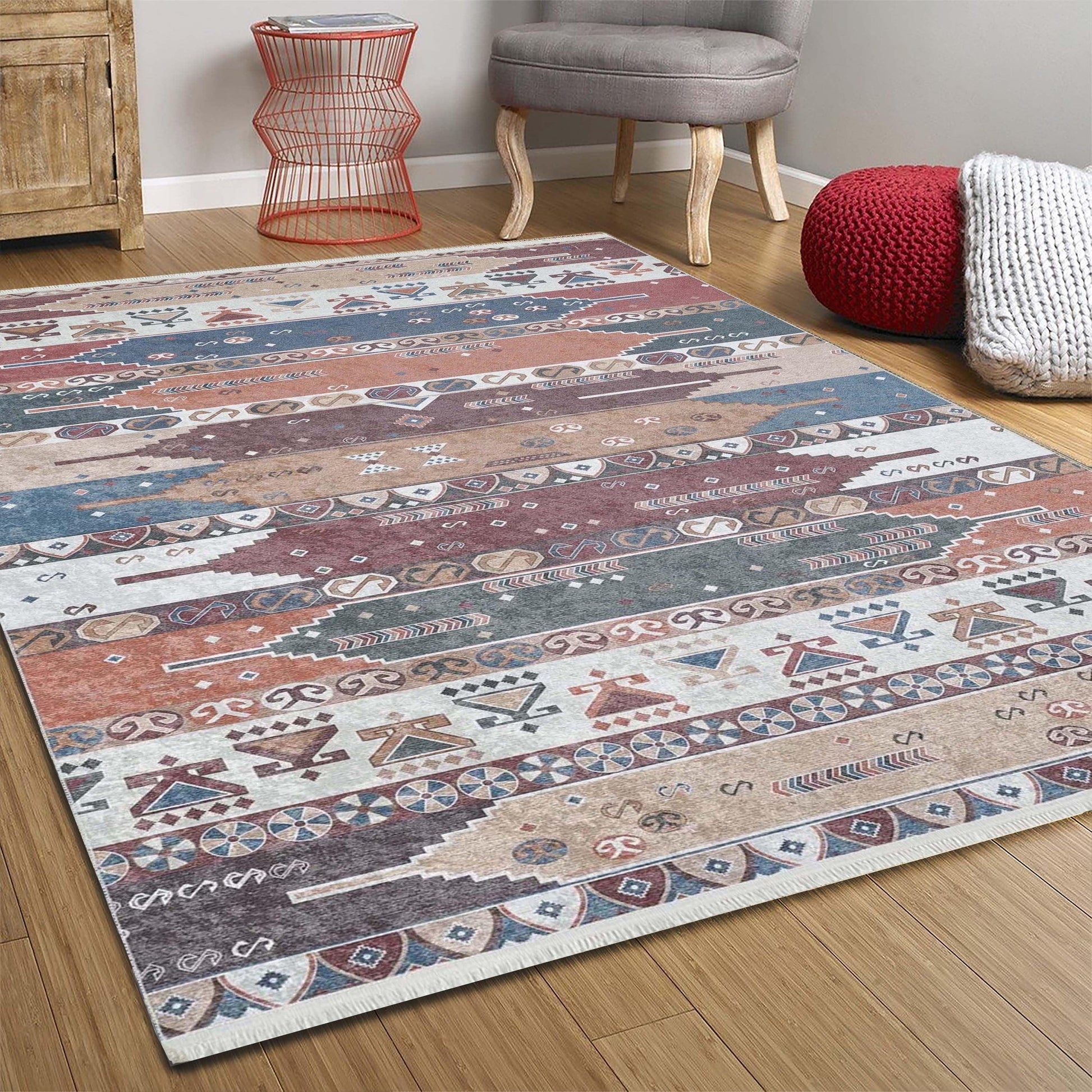 Renkli Geometrik Desenli Pastel Kilim Halı-Pera Halı