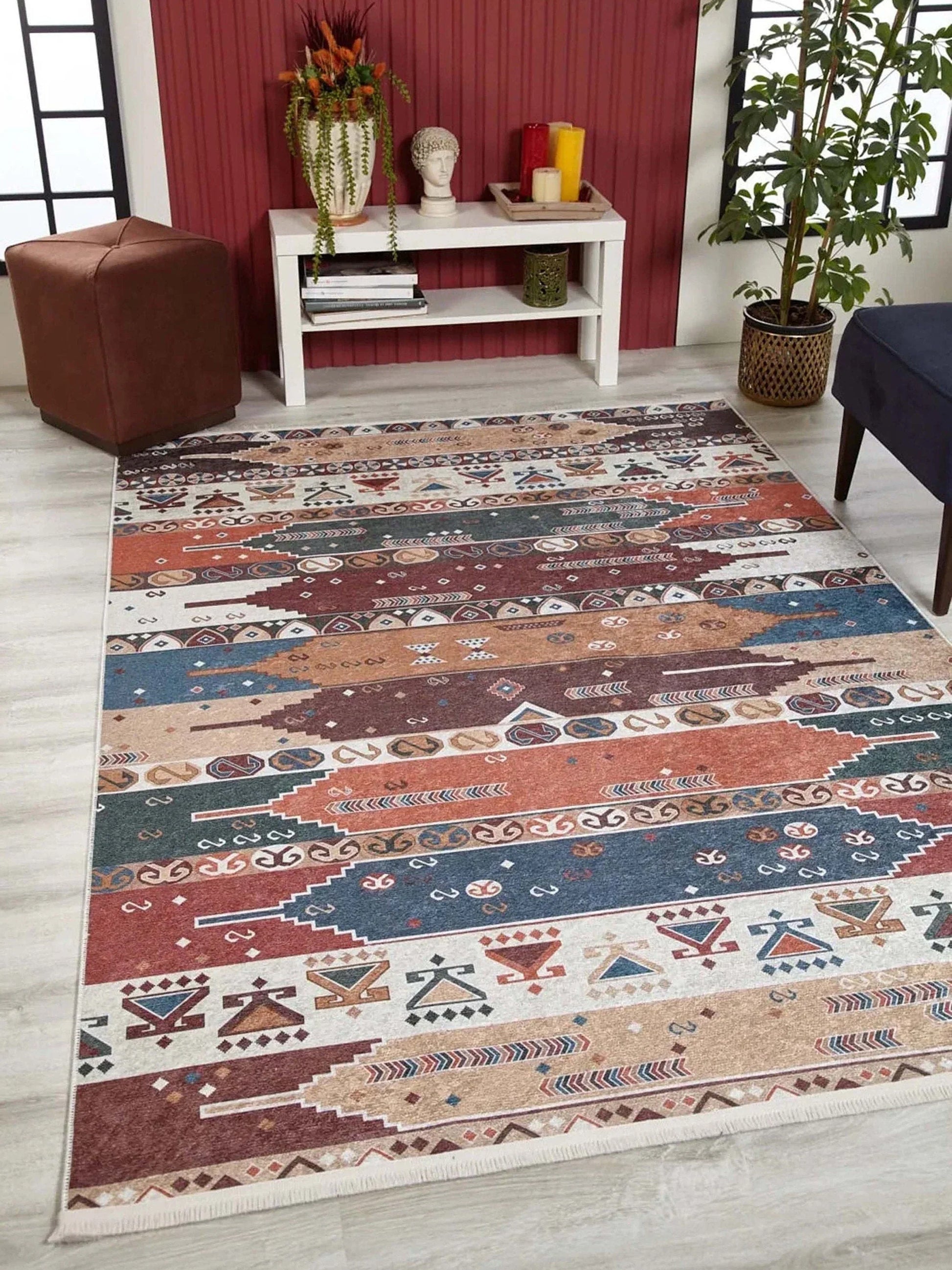 Renkli Geometrik Desenli Pastel Kilim Halı-Pera Halı