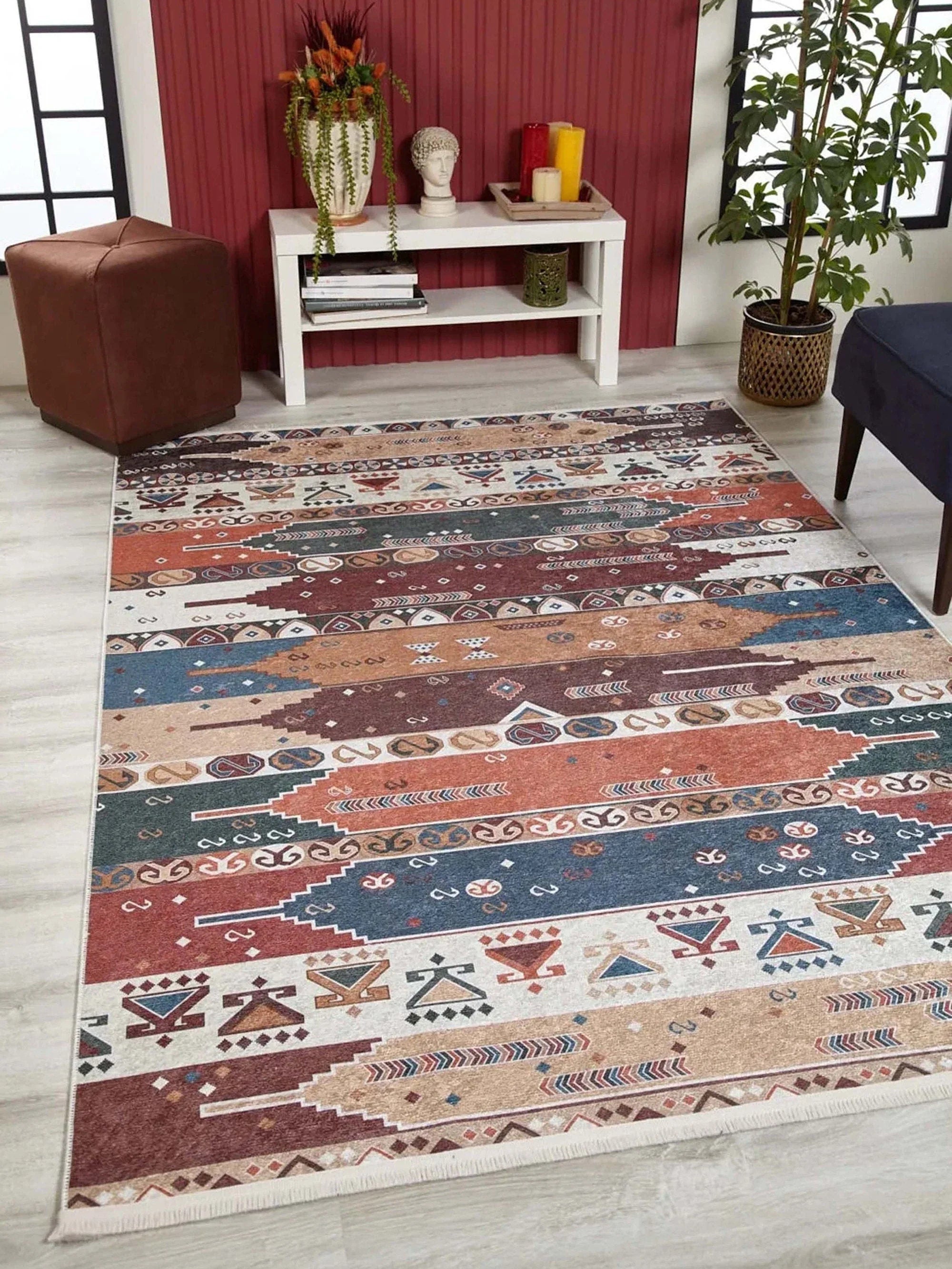 Renkli Geometrik Desenli Pastel Kilim Halı-Pera Halı