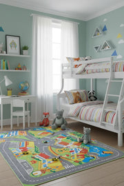 Renkli Şehir ve Yol Desenli Yıkanabilir Çocuk Halısı-Pera Halı