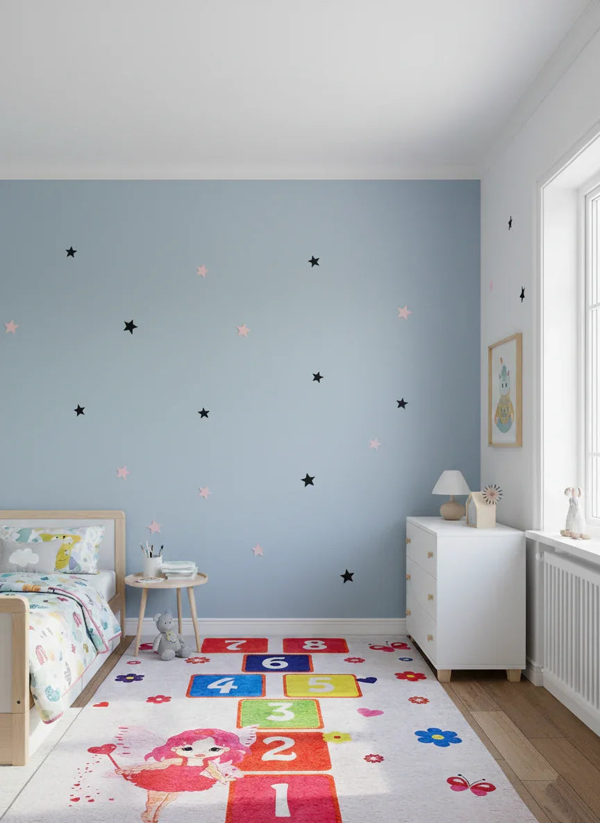 Renkli Seksek Desenli Peri ve Çiçek Figürlü Çocuk Halısı-Pera Halı