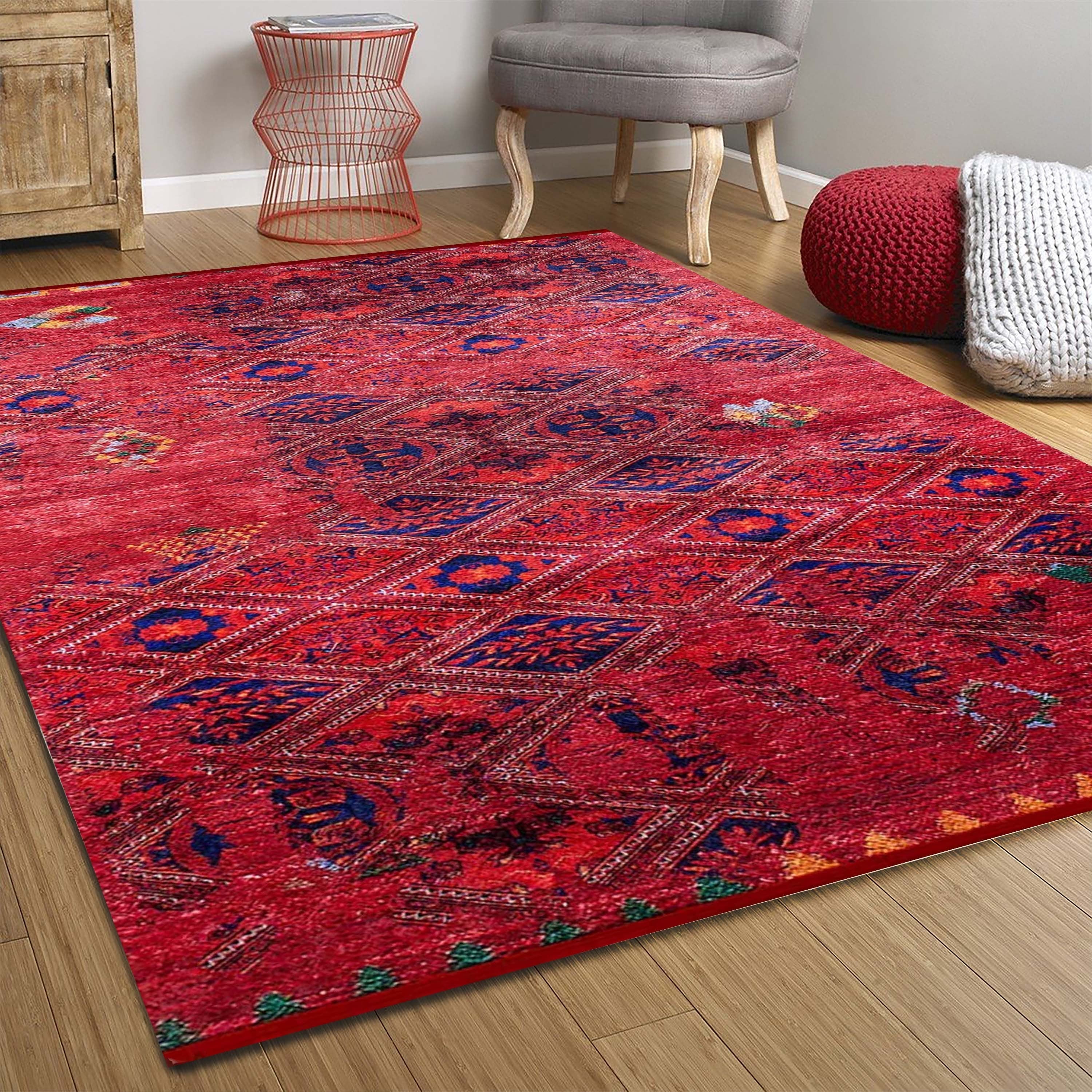 Vintage Kırmızı Mavi Geometrik Desenli Kilim Halı - Pera Halı
