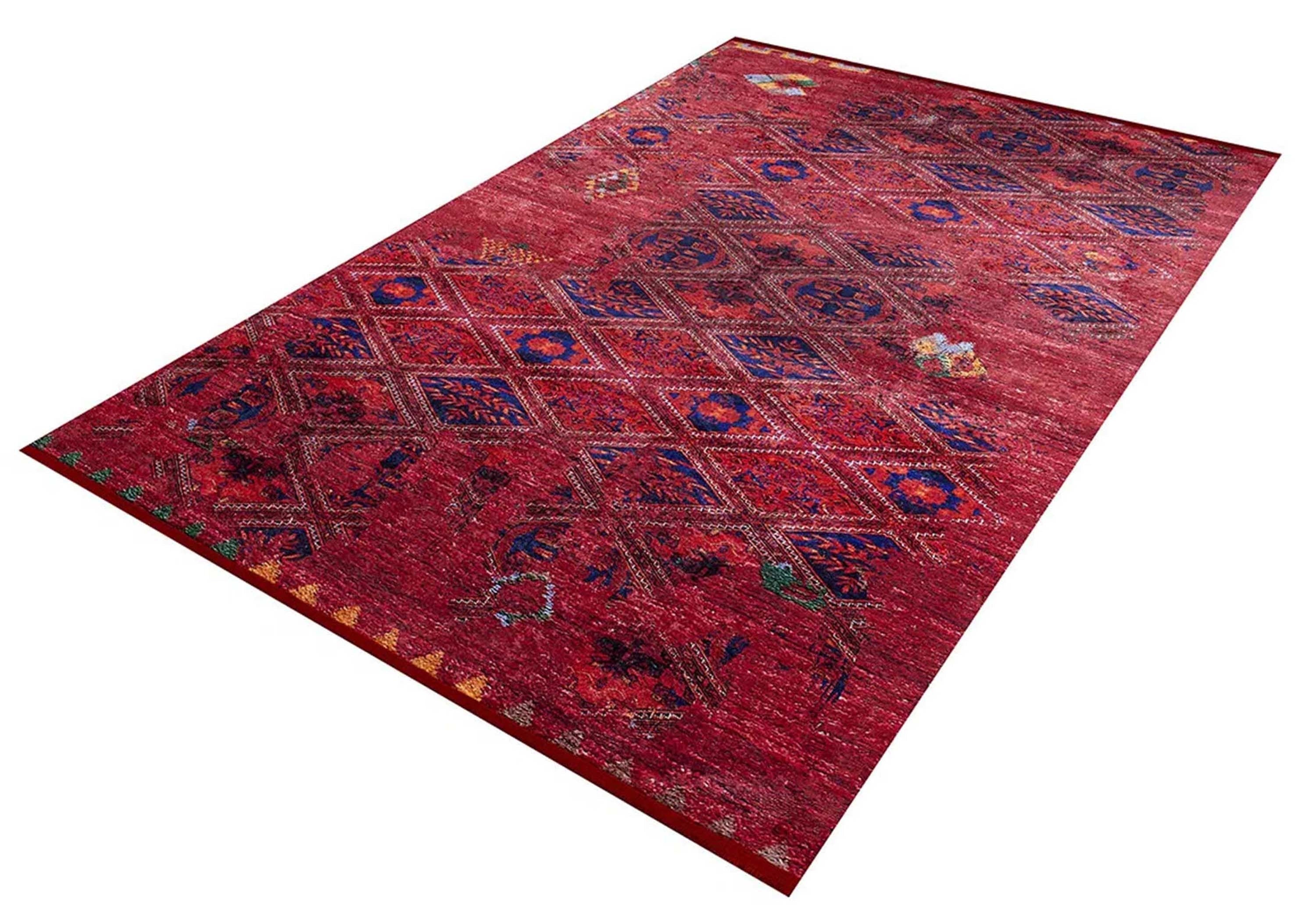 Vintage Kırmızı Mavi Geometrik Desenli Kilim Halı - Pera Halı