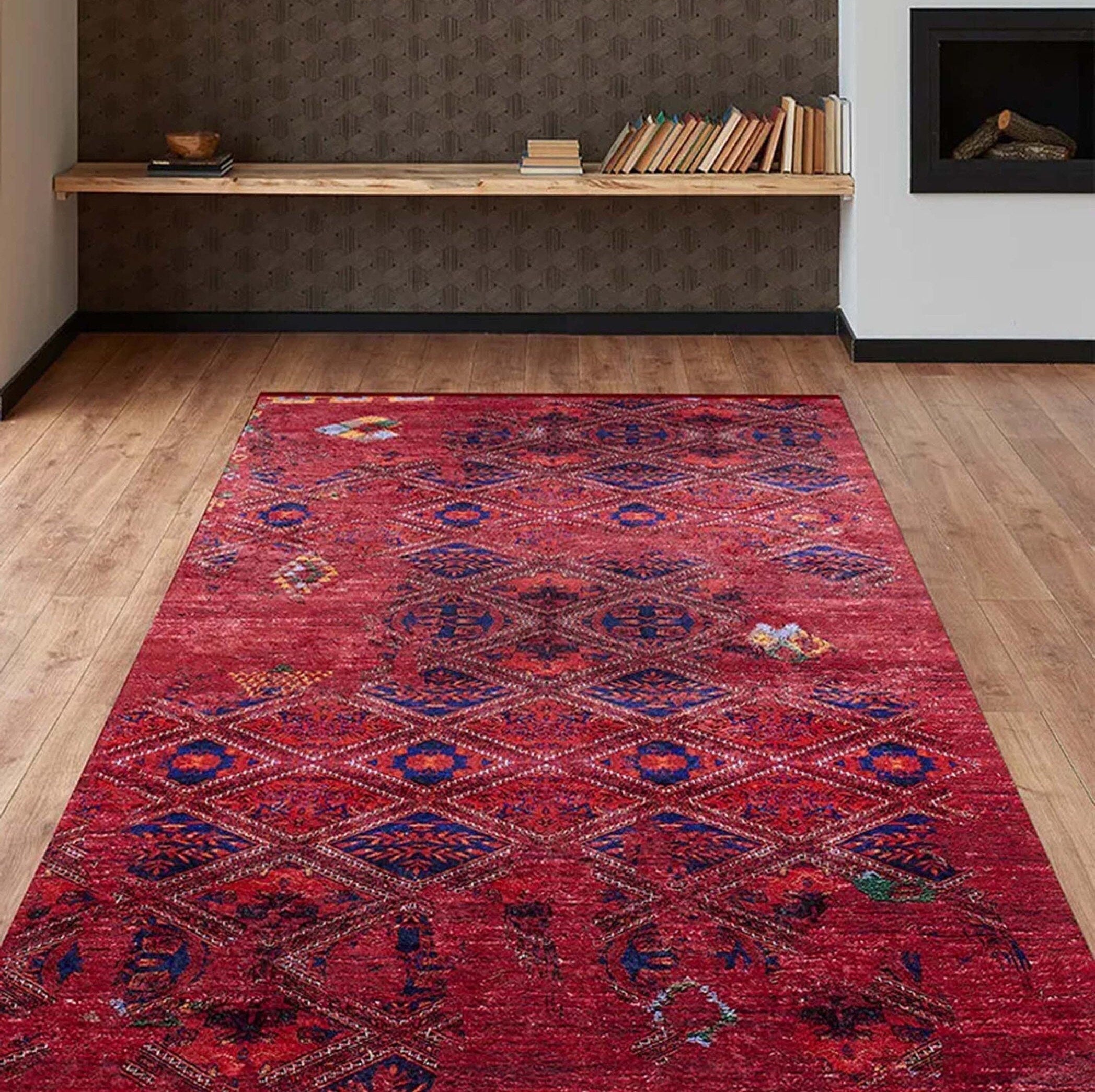 Vintage Kırmızı Mavi Geometrik Desenli Kilim Halı - Pera Halı